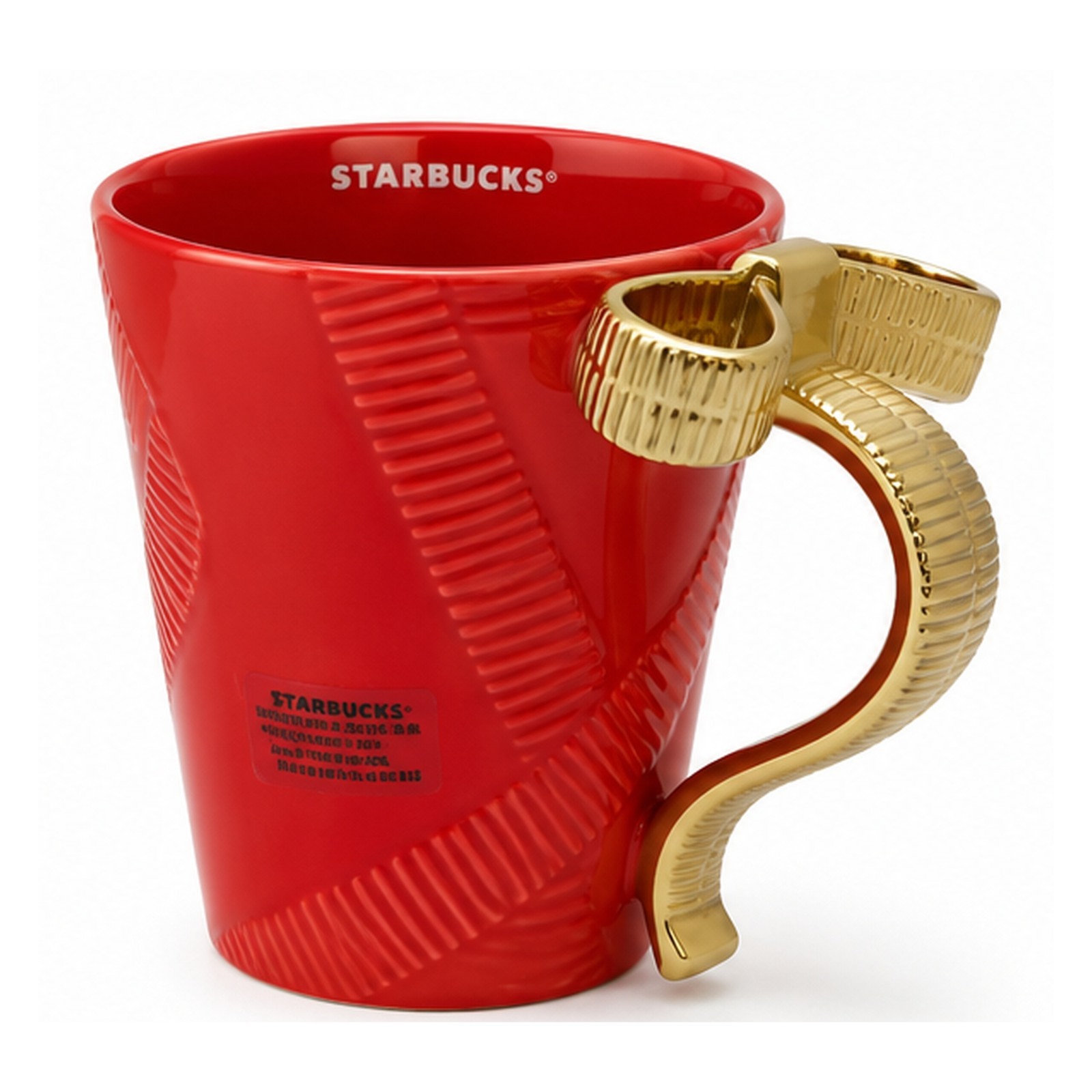 Holiday Quilted RED STARBUCKS Mug 14oz Gold Bow Holiday Christmas Ceramic NEW