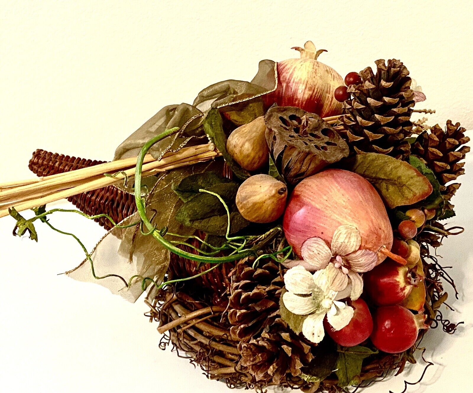 Handmade Vintage Cornucopia Floral Arrangement Thanksgiving Centerpiece 15x14 In