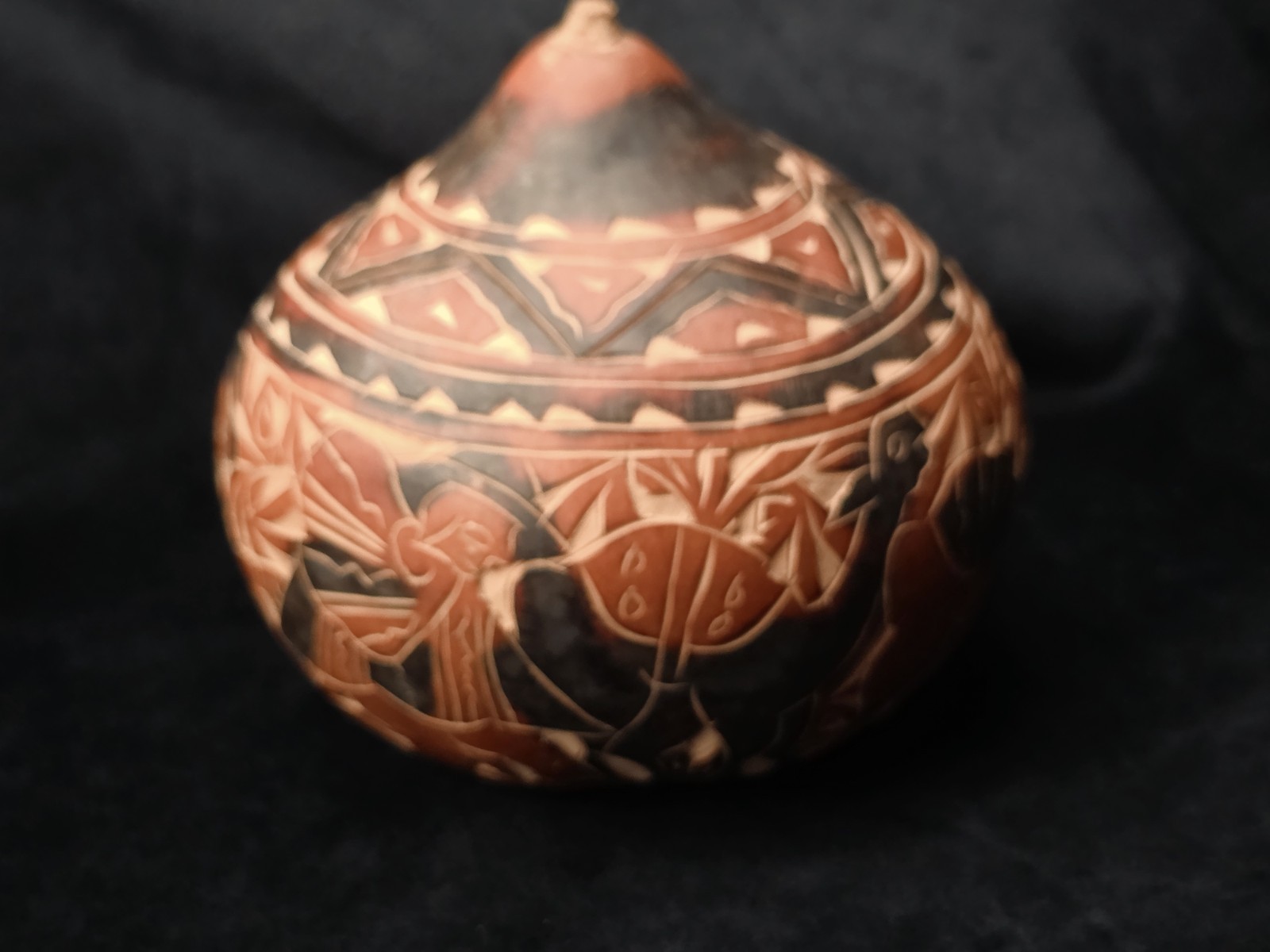 Hand-Carved Gourd Jar with Removable Lid Fall Decor Hand Incised Geometric Bands