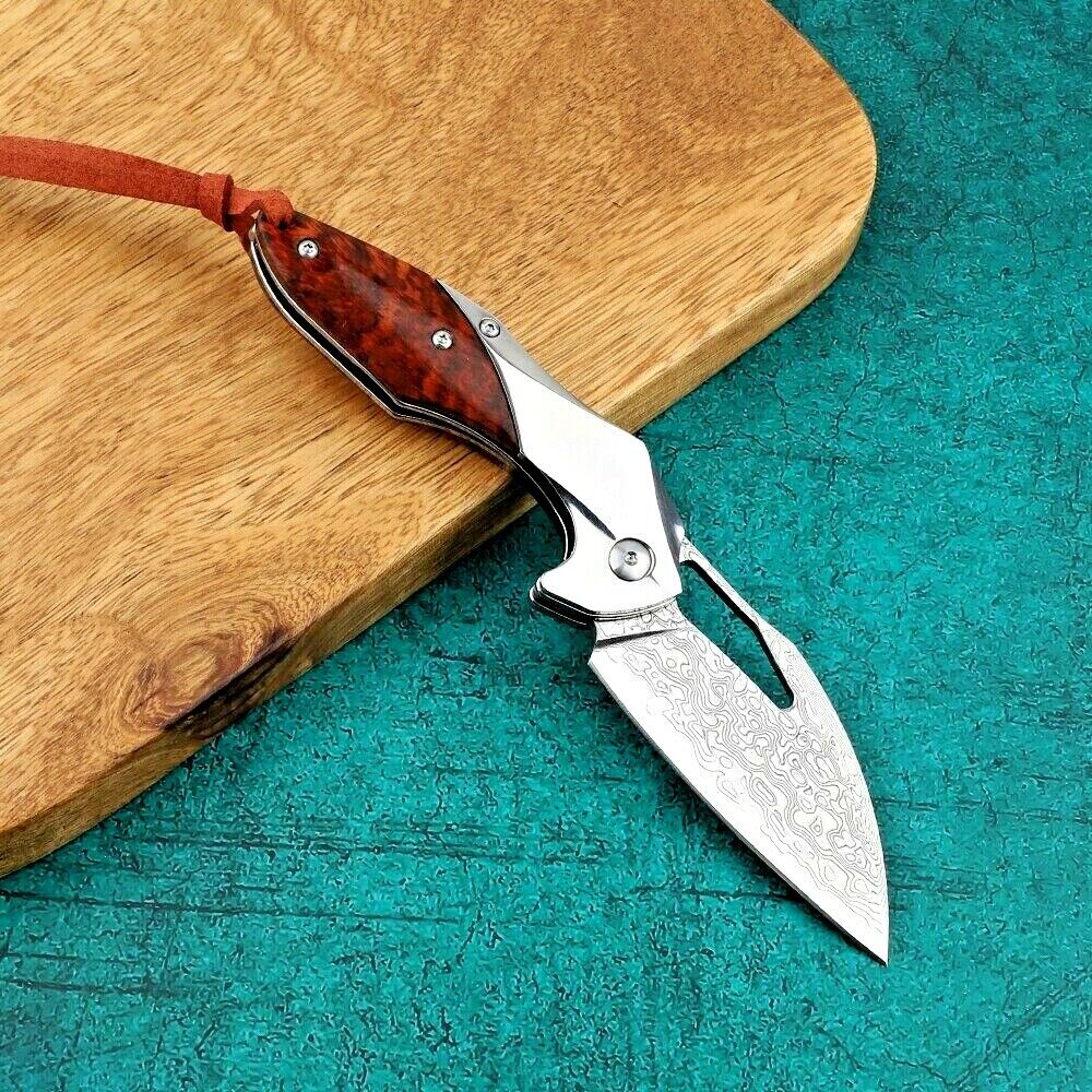 Drop Point Folding Knife Pocket Hunting Tactical Wild Damascus Steel Wood Handle