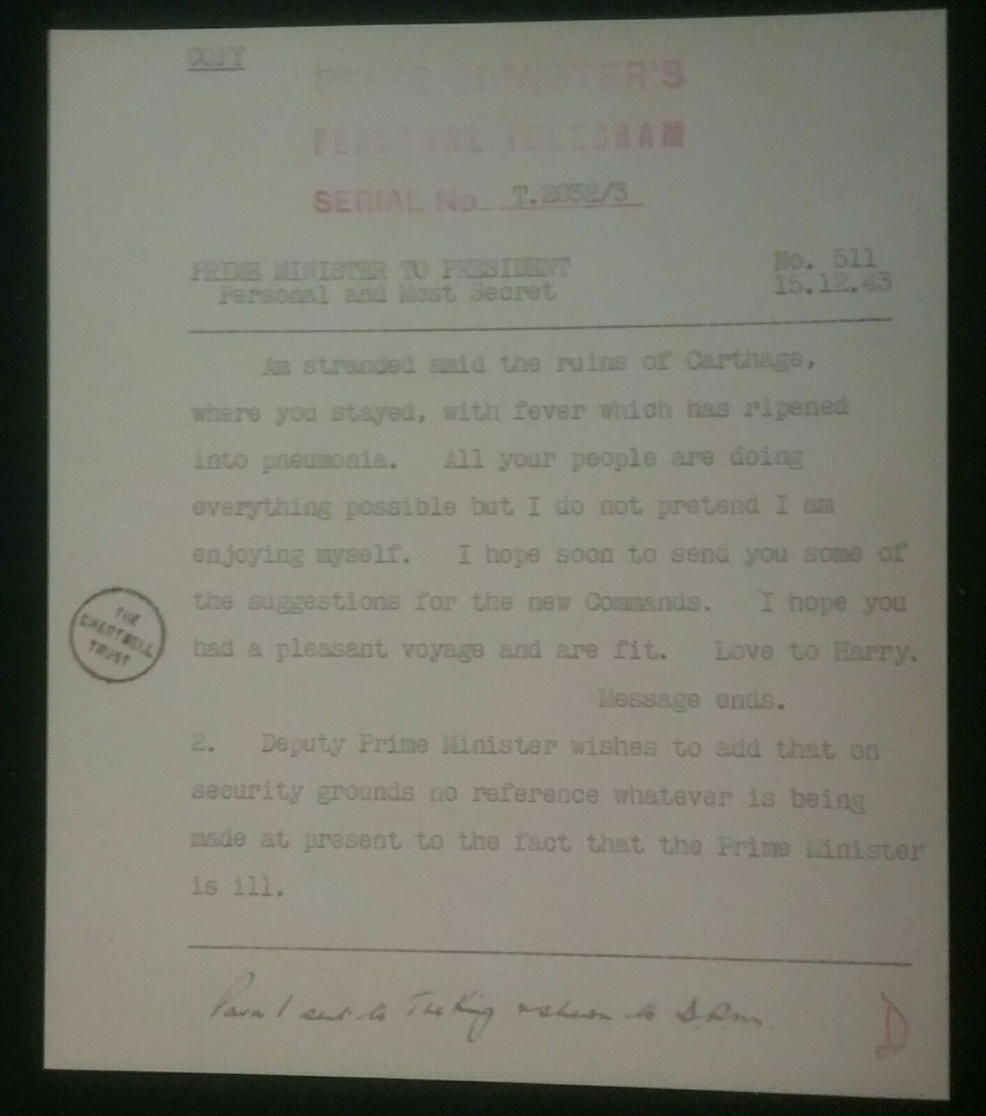 CHURCHILL'S TELEGRAM TO PRESIDENT ROOSEVELT IN 1943 ABOUT MEETING IN CASABLANCA 