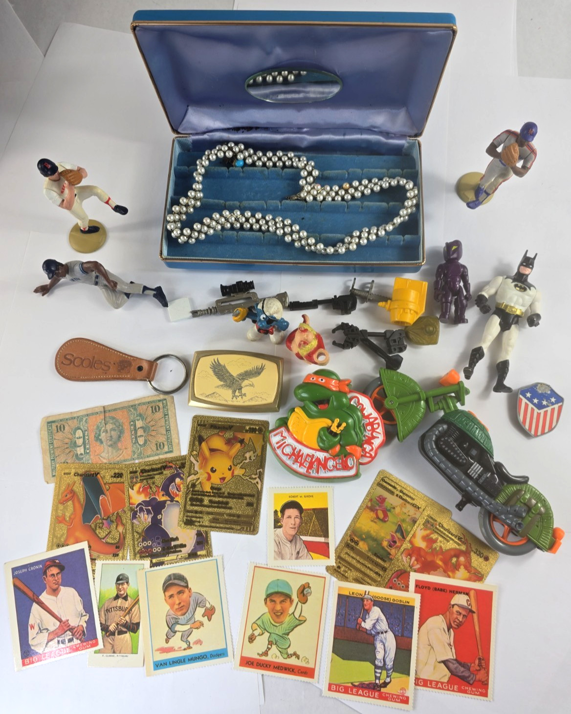 ESTATE JUNK DRAWER LOT GOLD Jewelry Box Cards Toys & MORE, AA