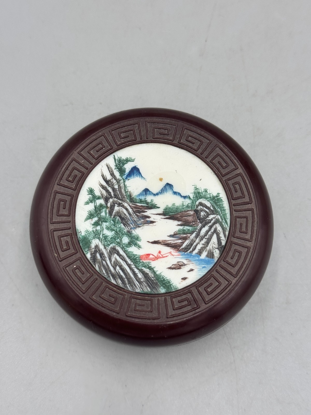 Vintage Mid-20th c. Chinese Red Cinnabar Seal Paste Box Inlaid Landscape Plaque
