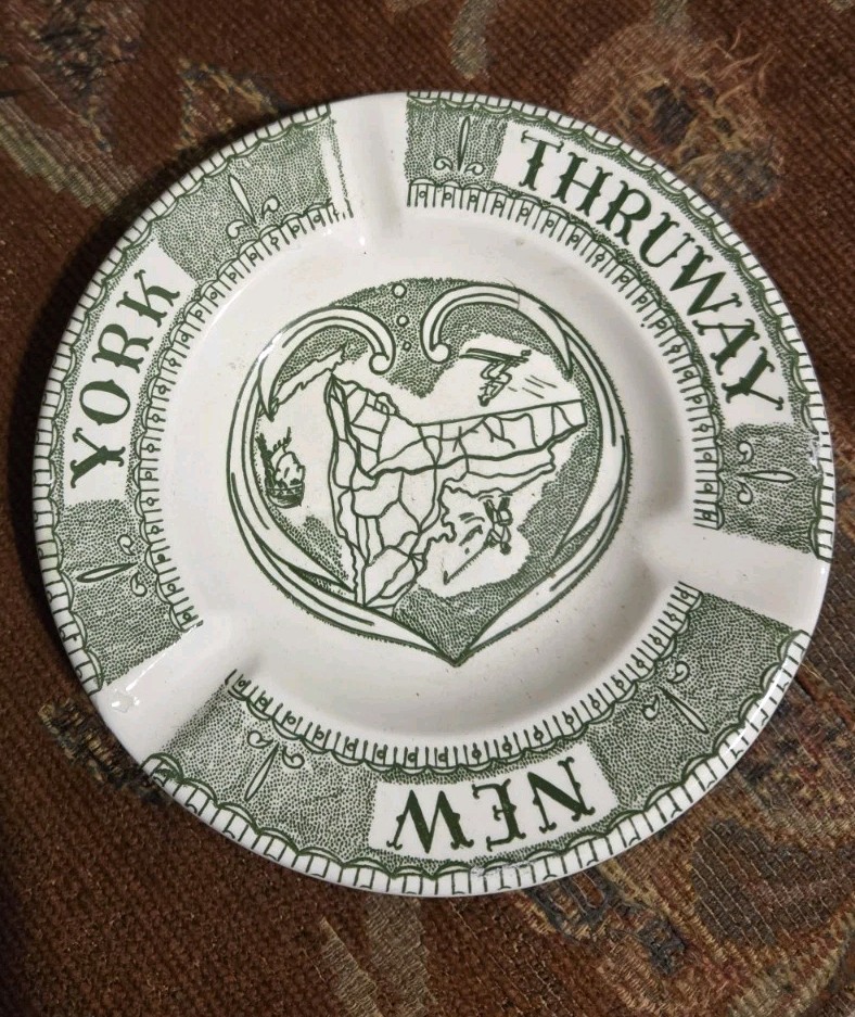 Vintage New York Thruway Souvenir Ashtray Green White Transferware Map 
