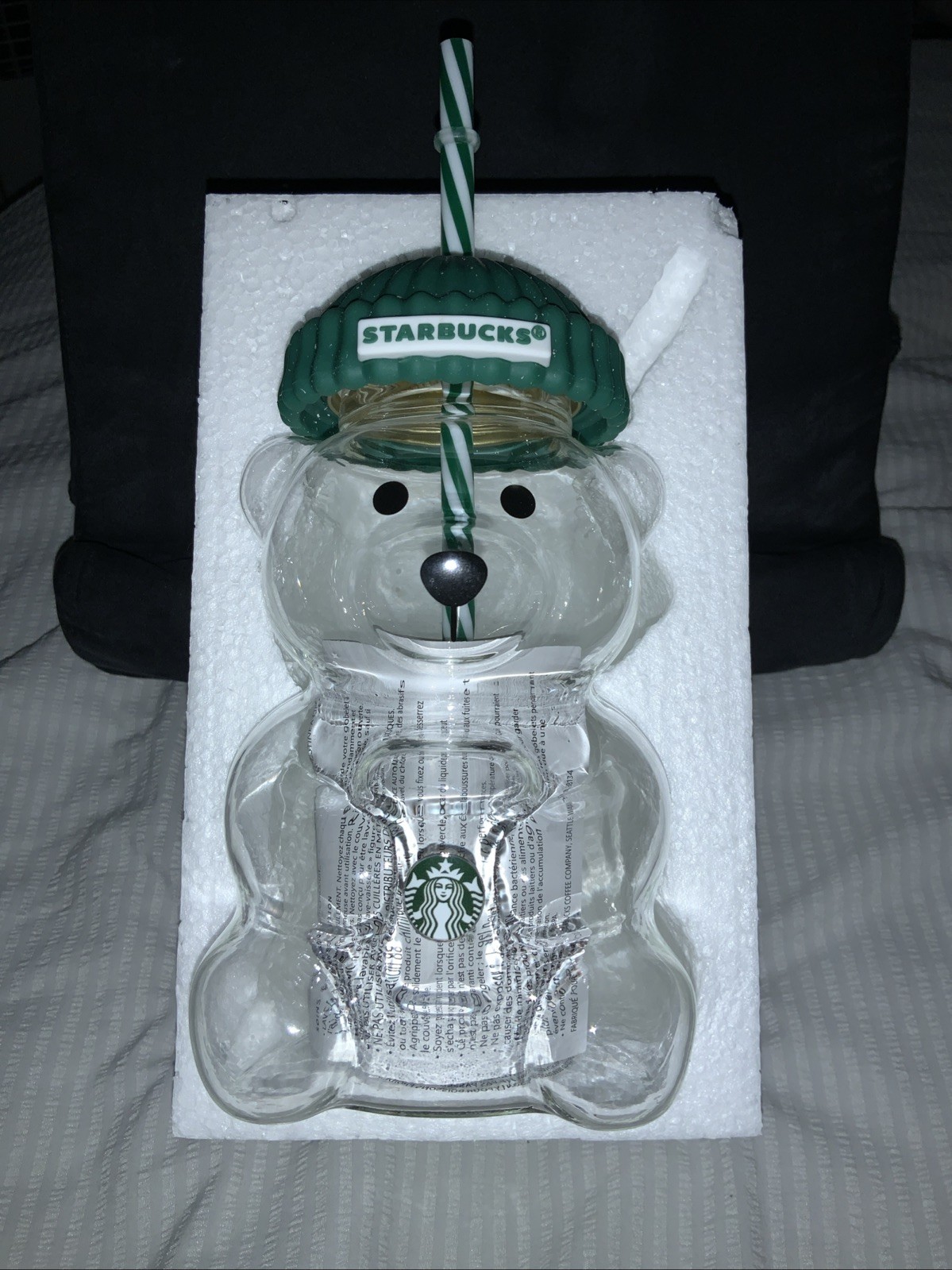 Starbucks Teddy Bear Barista Green Hat Glass Cold Cup 20oz USA 2026 Collectible