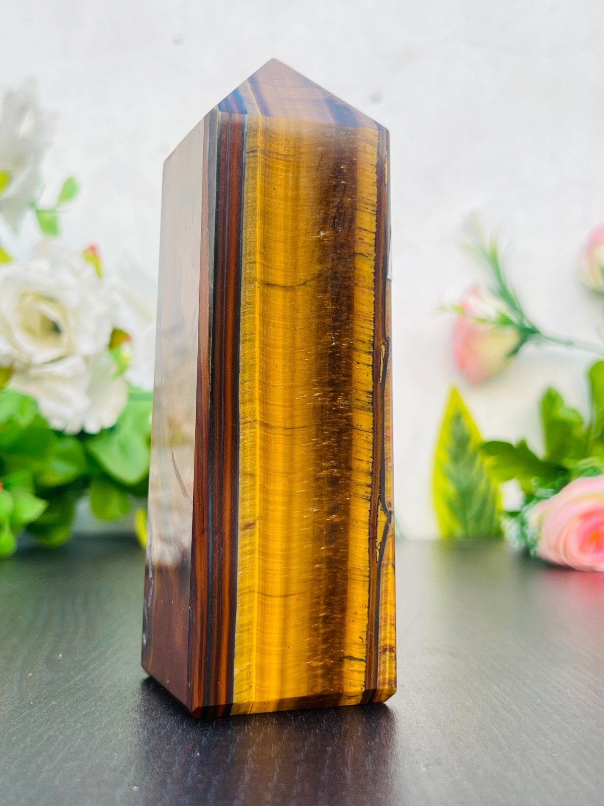 155MM Natural Tiger Eye Tower | Golden Brown Crystal Point | Self-Standing