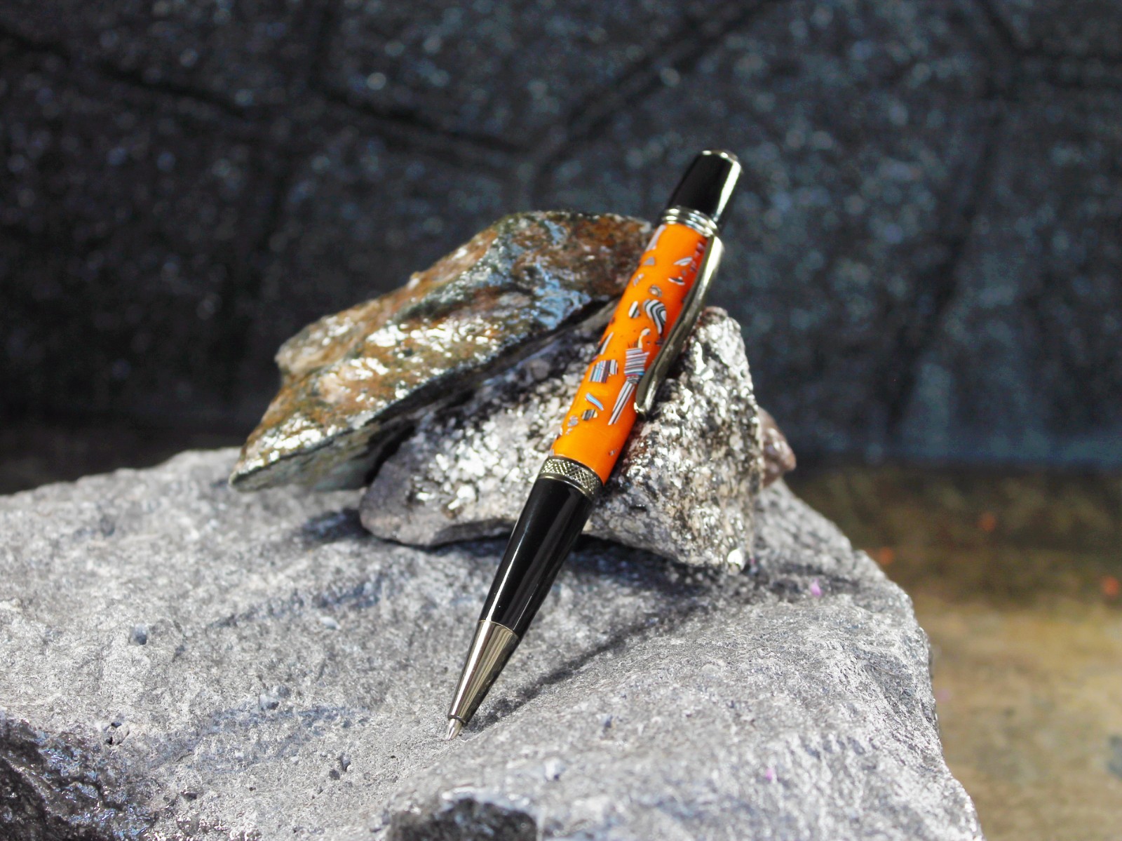 Fordite and Resin Pen - Gun Metal/Black/Orange     (P-029)   