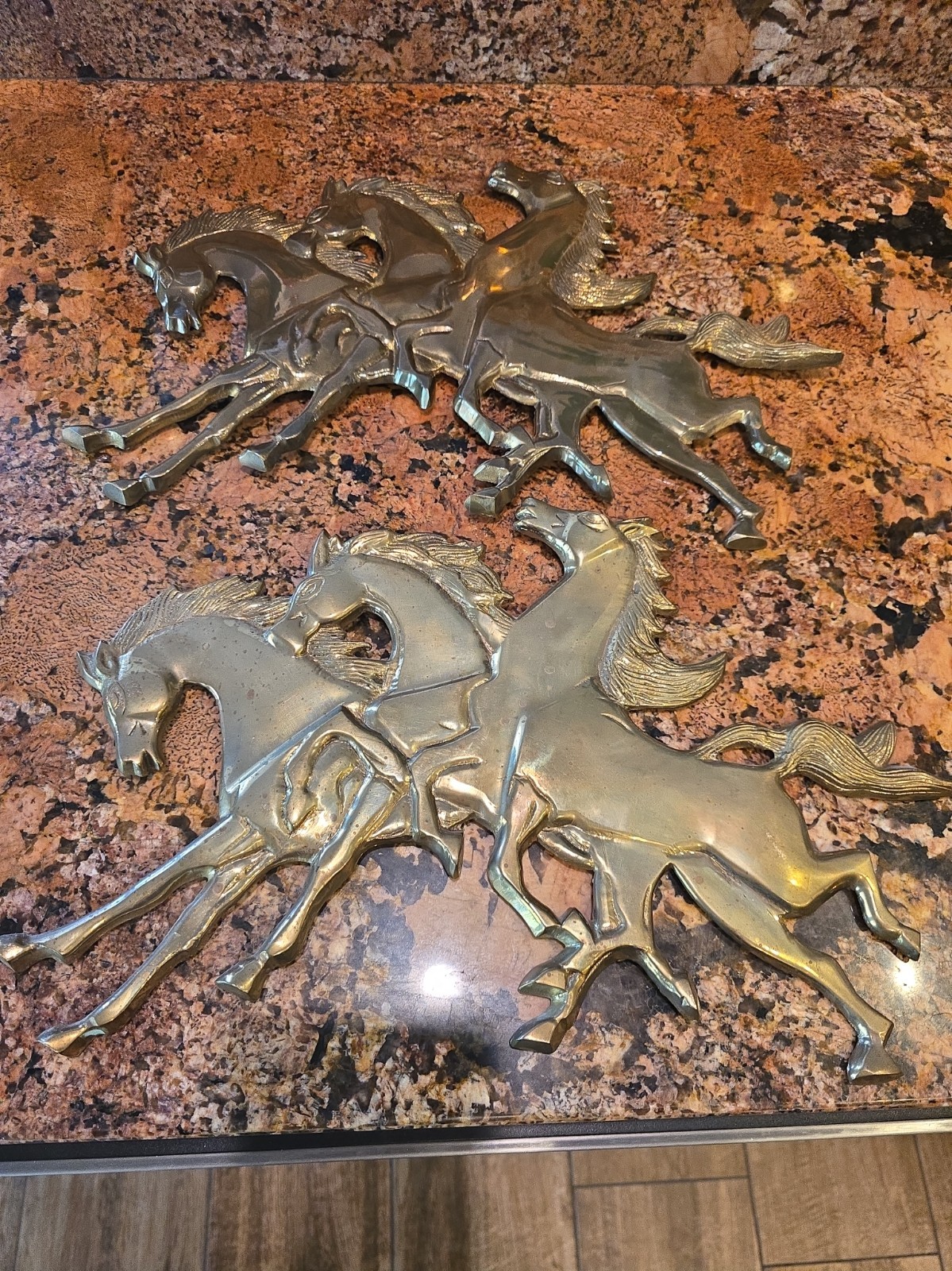 Vtg Set Of 2 Running Wild Horses *Solid  Brass* Wall Hangings 16x10
