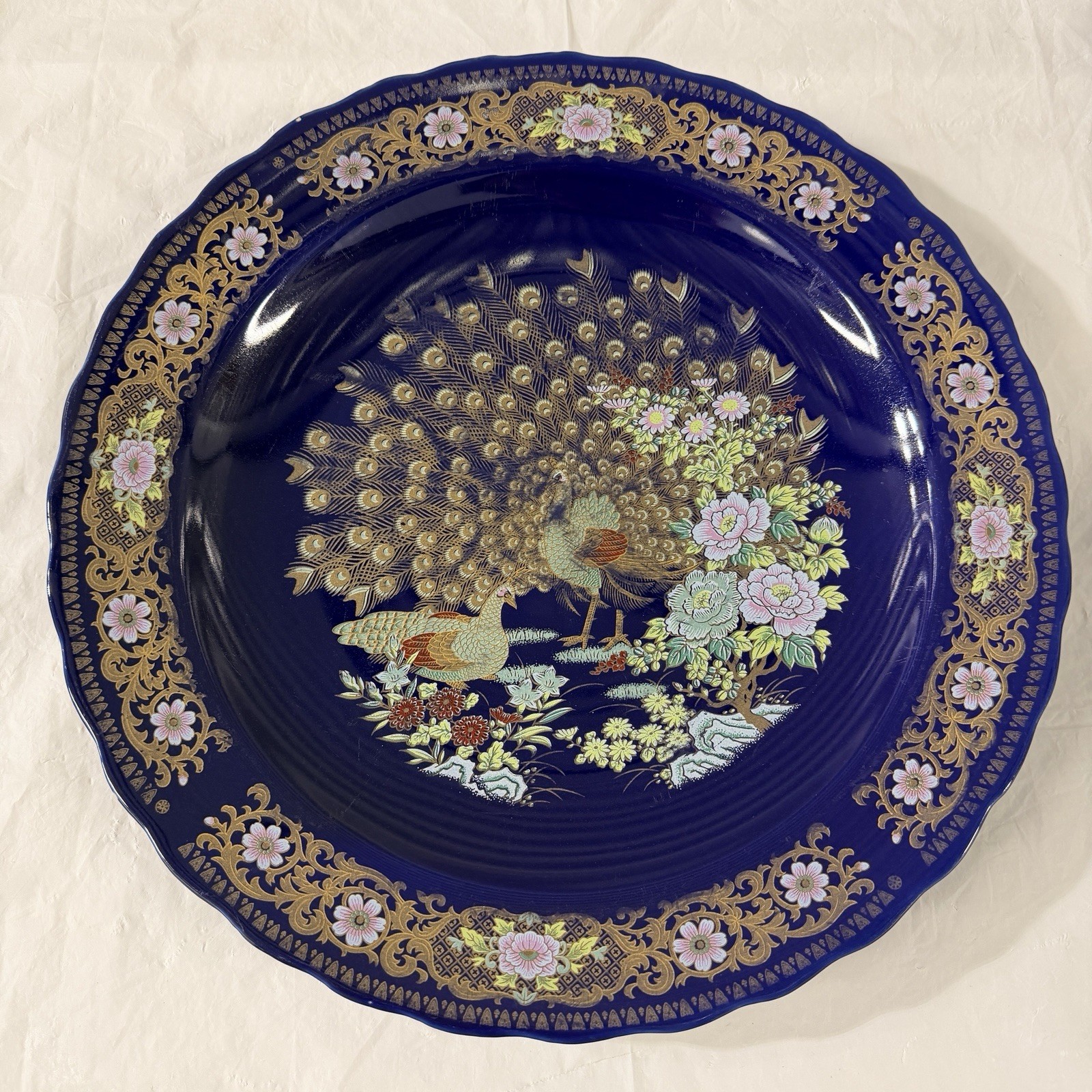 Vintage Large Moroccan TAOUS Blue Hand-Painted Porcelain Peacock Plate 14 Inches