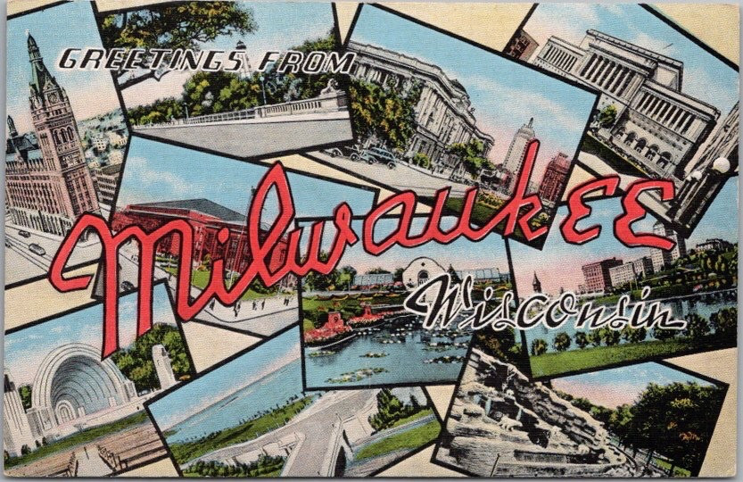 c1940s MILWAUKEE Wisconsin Large Letter Postcard Multi-View / KROPP Linen