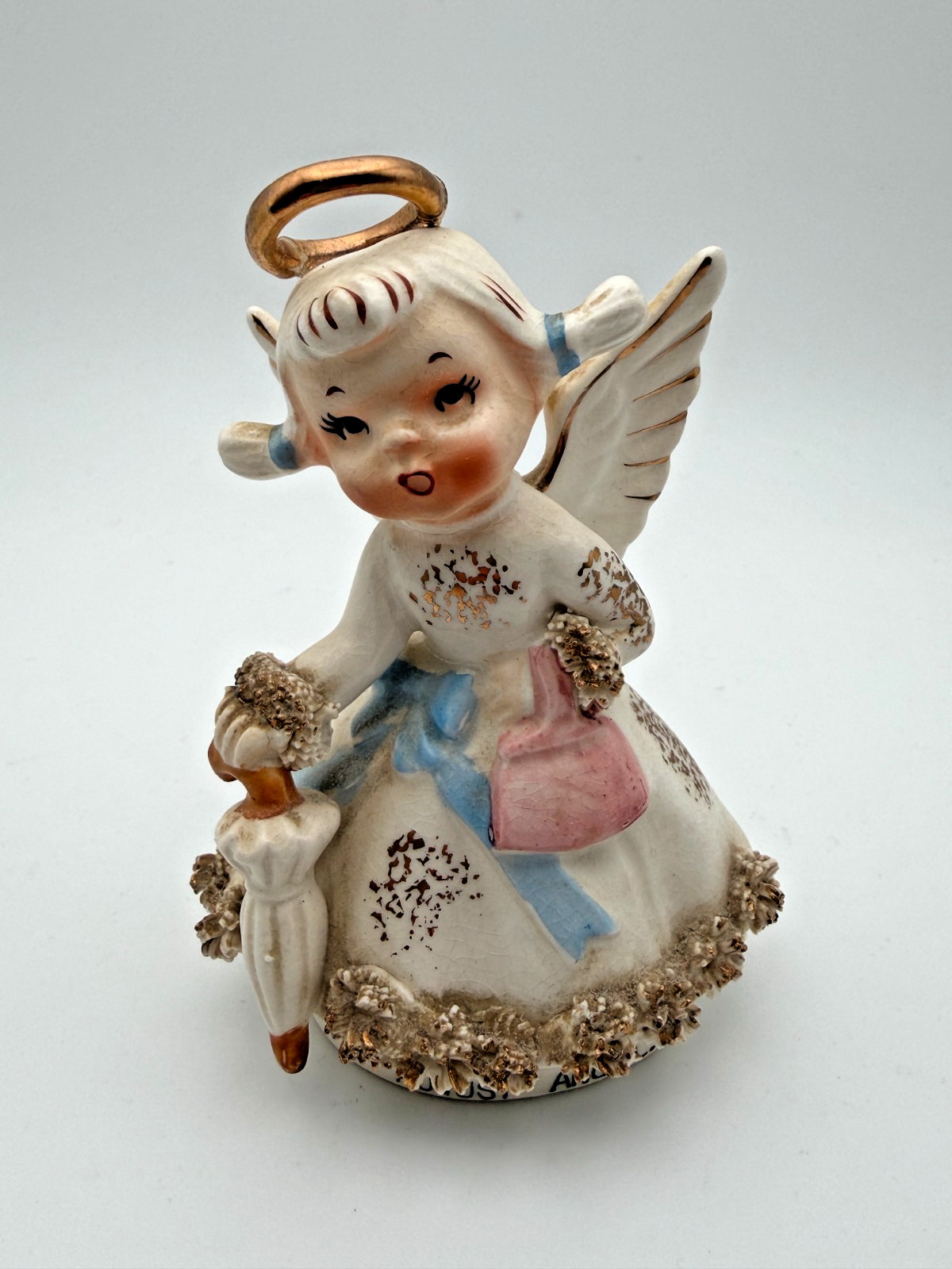 Vintage Lefton Japan August Angel Figurine Spaghetti Trim With Umbrella 4.5”h Vintage Lefton Japan August Angel Figurine Spaghetti Trim With Umbrella 4.5”h
