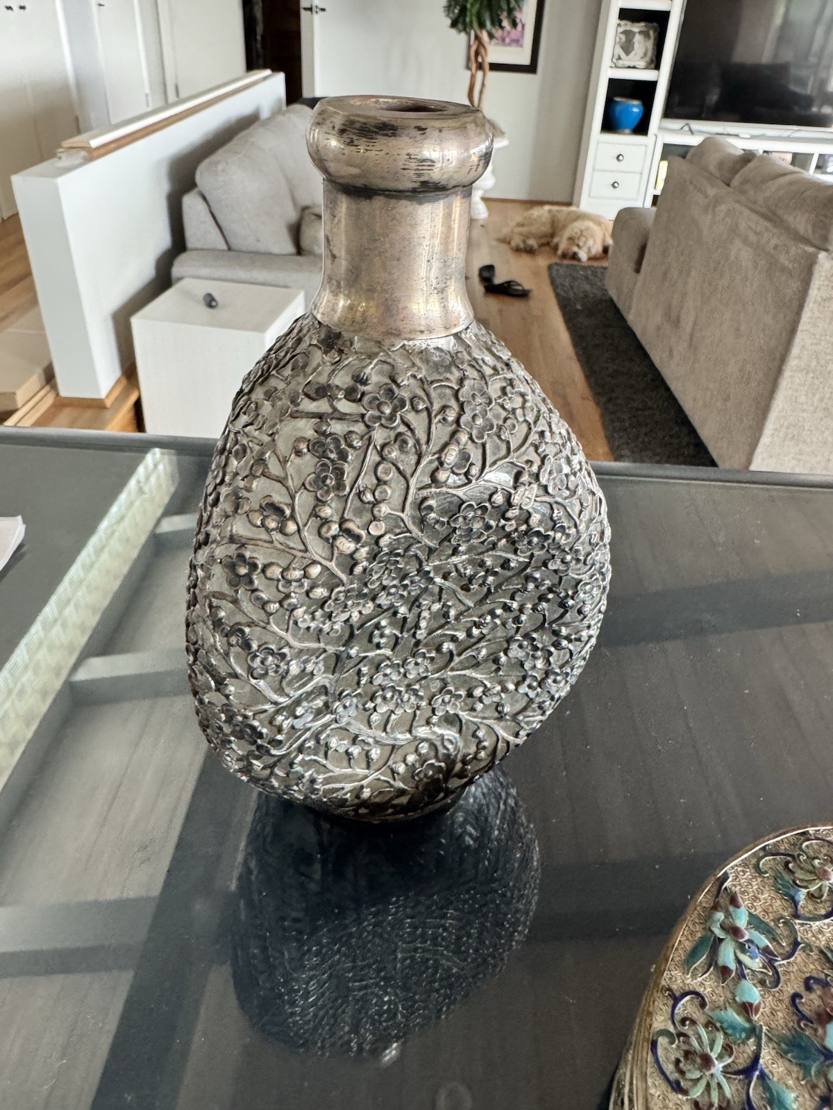 Rare 20th Century Pinched Glass Decanter. Engravings