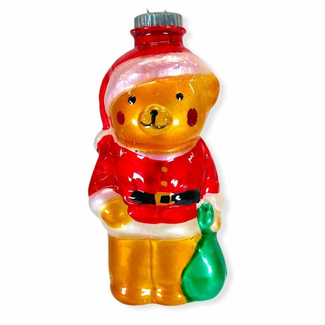 Vintage Glass Bear Santa Christmas Ornament Handpainted