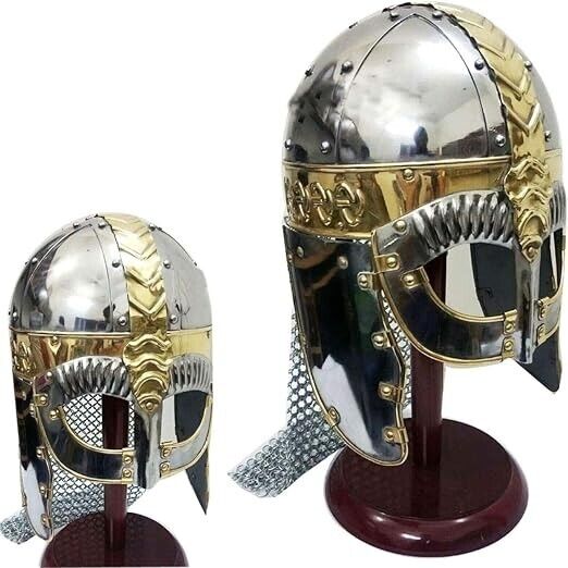 Medieval Viking Wolf Armor Chain Mail Helmet Replica With Stand Rustic Vintage