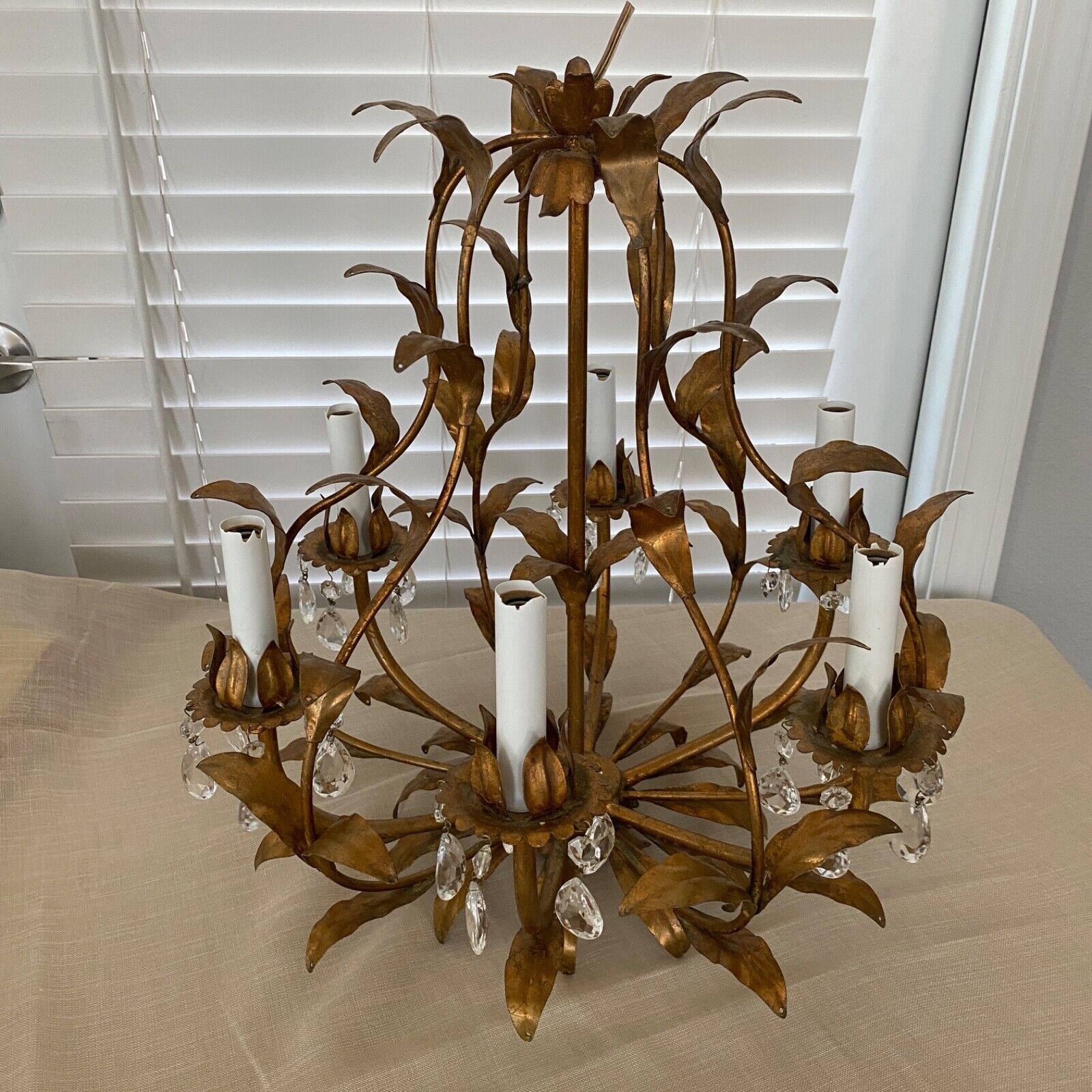 Vintage Gold Gilt Chandelier 6 Light Leaf Design French Country  AS IS **READ**