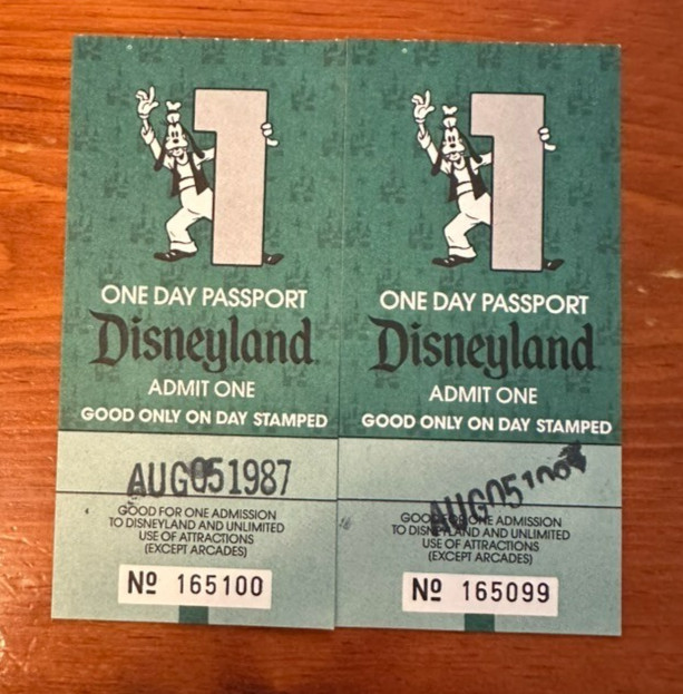 2 Vintage 1987 Disneyland One Day Passport Ticket Stubs Goofy AUG, 05 1987