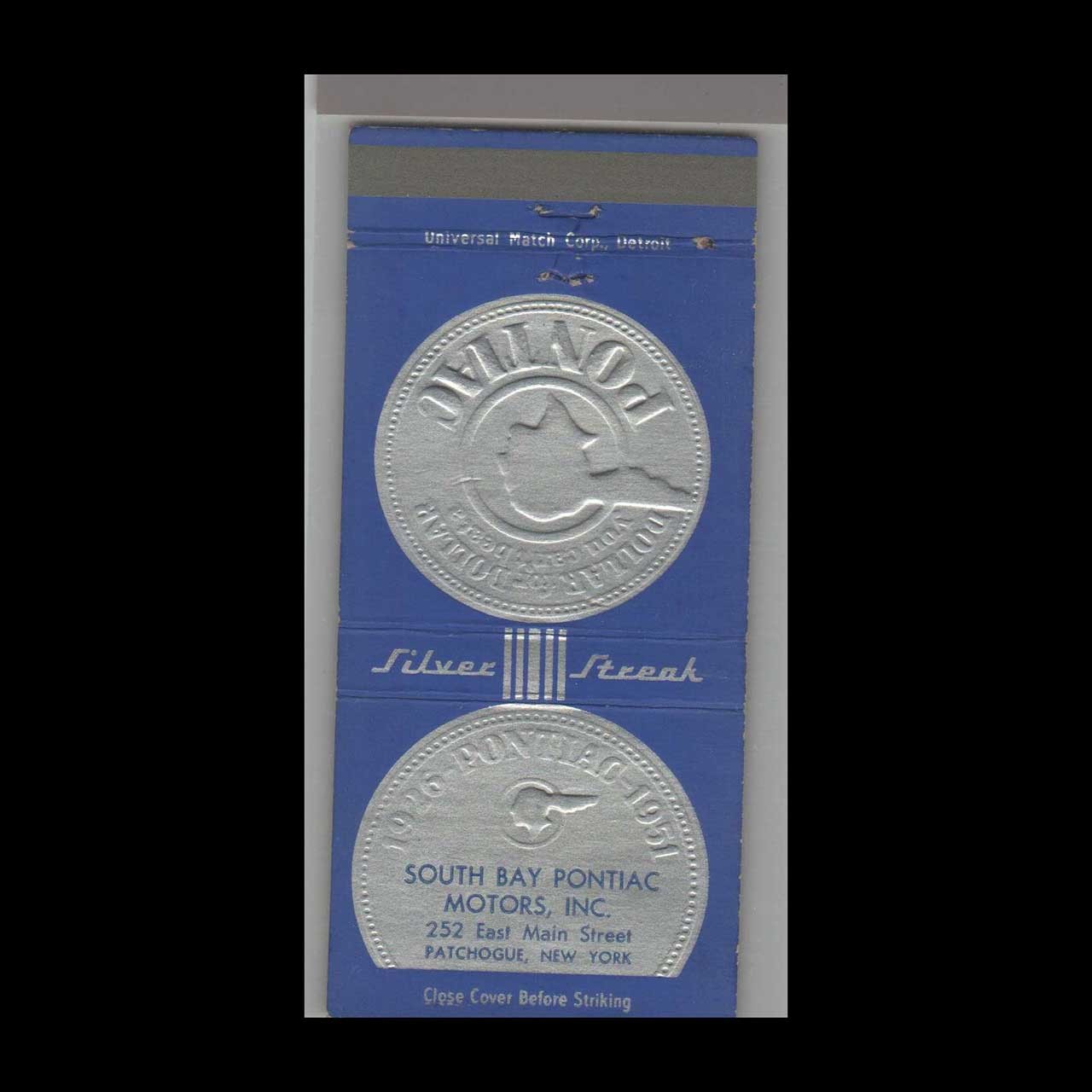 Matchbook Cover - 1951 Pontiac Dealer South Bay Pontiac Patchogue, NY Matchbook Cover - 1951 Pontiac Dealer South Bay Pontiac Patchogue, NY