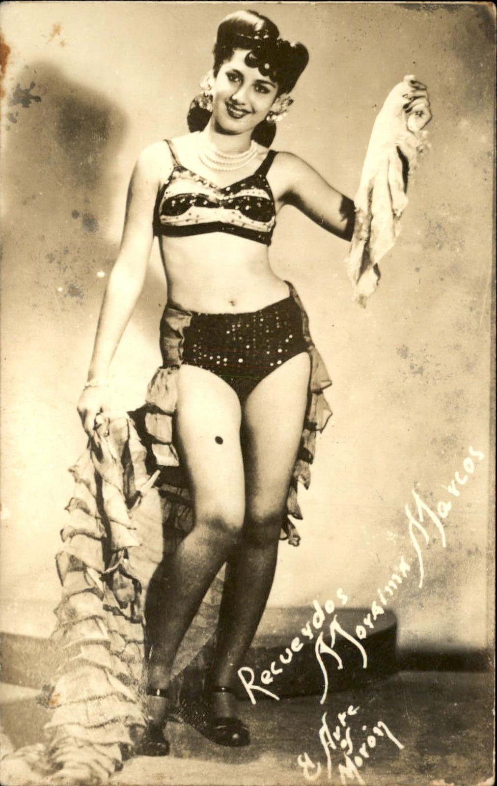 Sexy woman Risque dancer in costume Moyaima Marcos c1930s-40s RPPC Postcard bhn