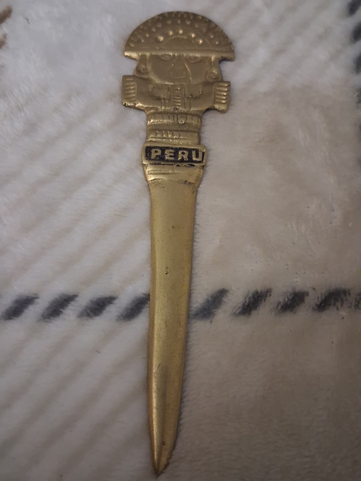 Vintage Solid Brass PERU Souvenir Letter Opener Inca Indian with Head Dress Vintage Solid Brass PERU Souvenir Letter Opener Inca Indian with Head Dress