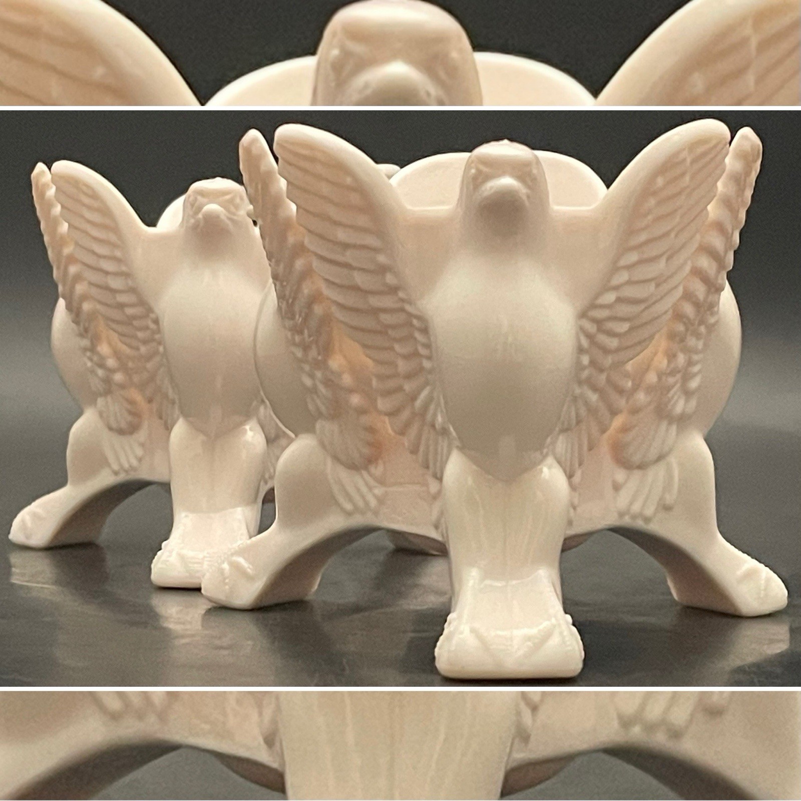 Jeannette Glass 2pc Shell Pink Milk Glass Eagles Candleholders 1957-59 USA 3x3\