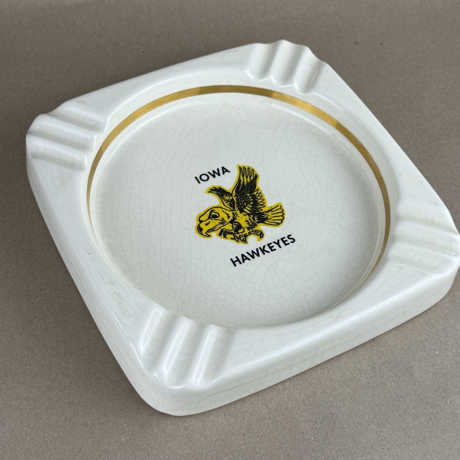Large Iowa Hawkeyes Ceramic Ashtray Vintage Univ. of Iowa Gold Trim Square MCM
