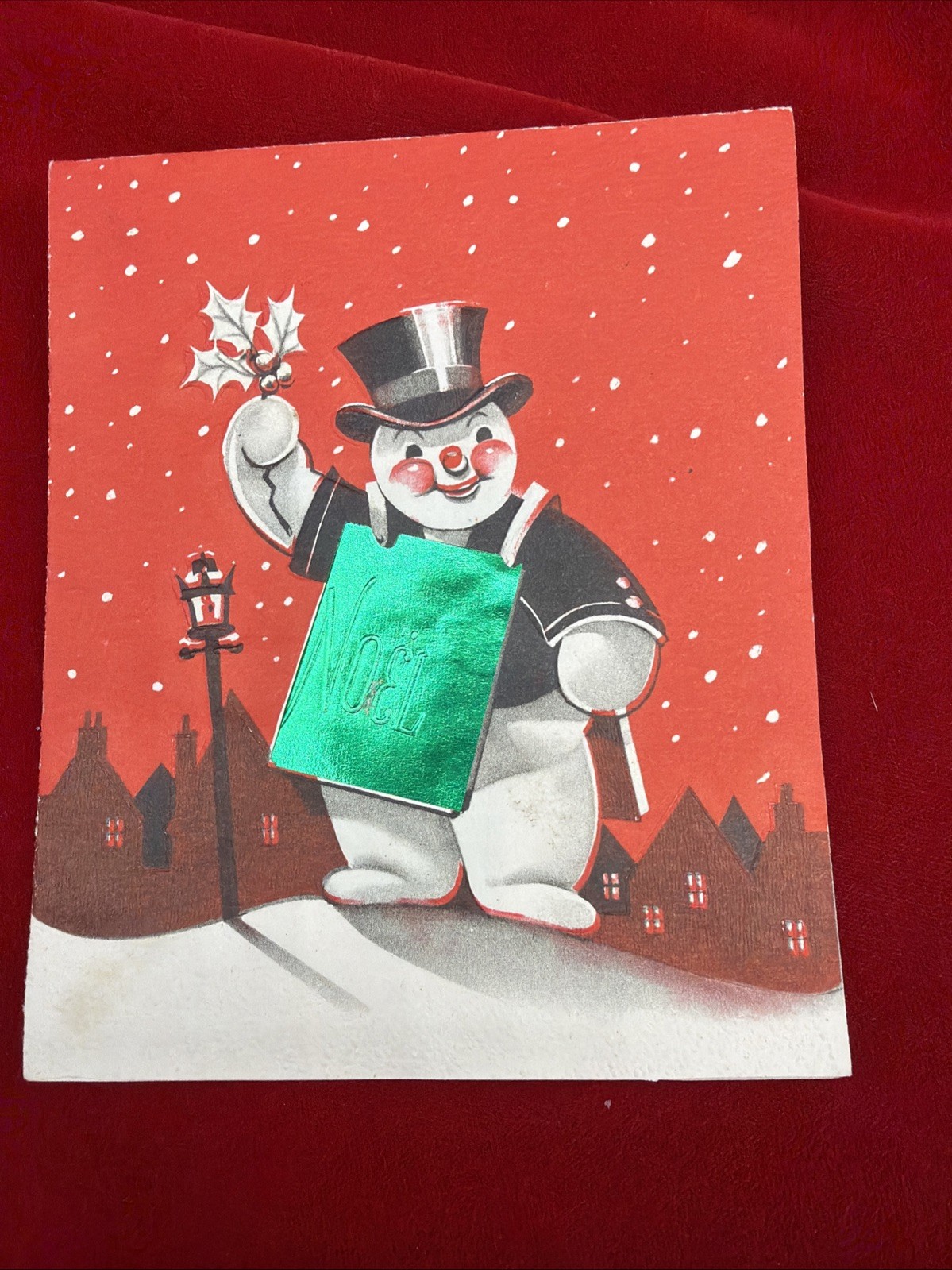 VTG 1959’s Christmas Greeting Card Snowman With Foiled Sign NOEL