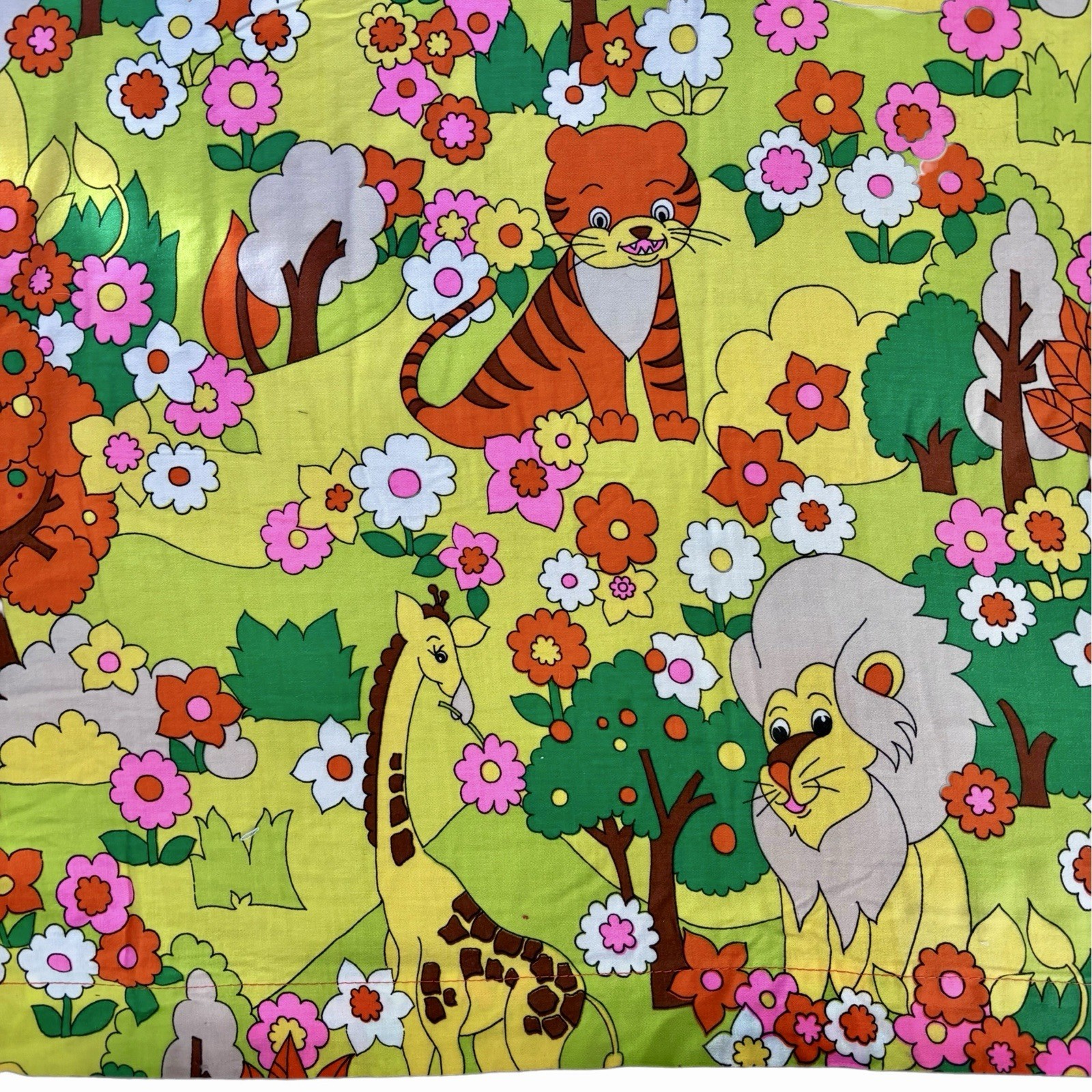 Vtg 70s Mod Novelty Colorful 3 Curtain Panels 39 X 37 Jungle Animals Yellow Pink