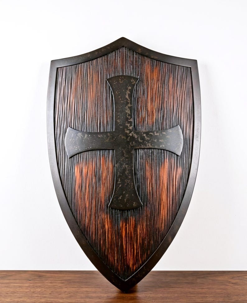 Medieval Wooden Shield, Black Cross Knight Templar, Wall Decor Handmade Crusader