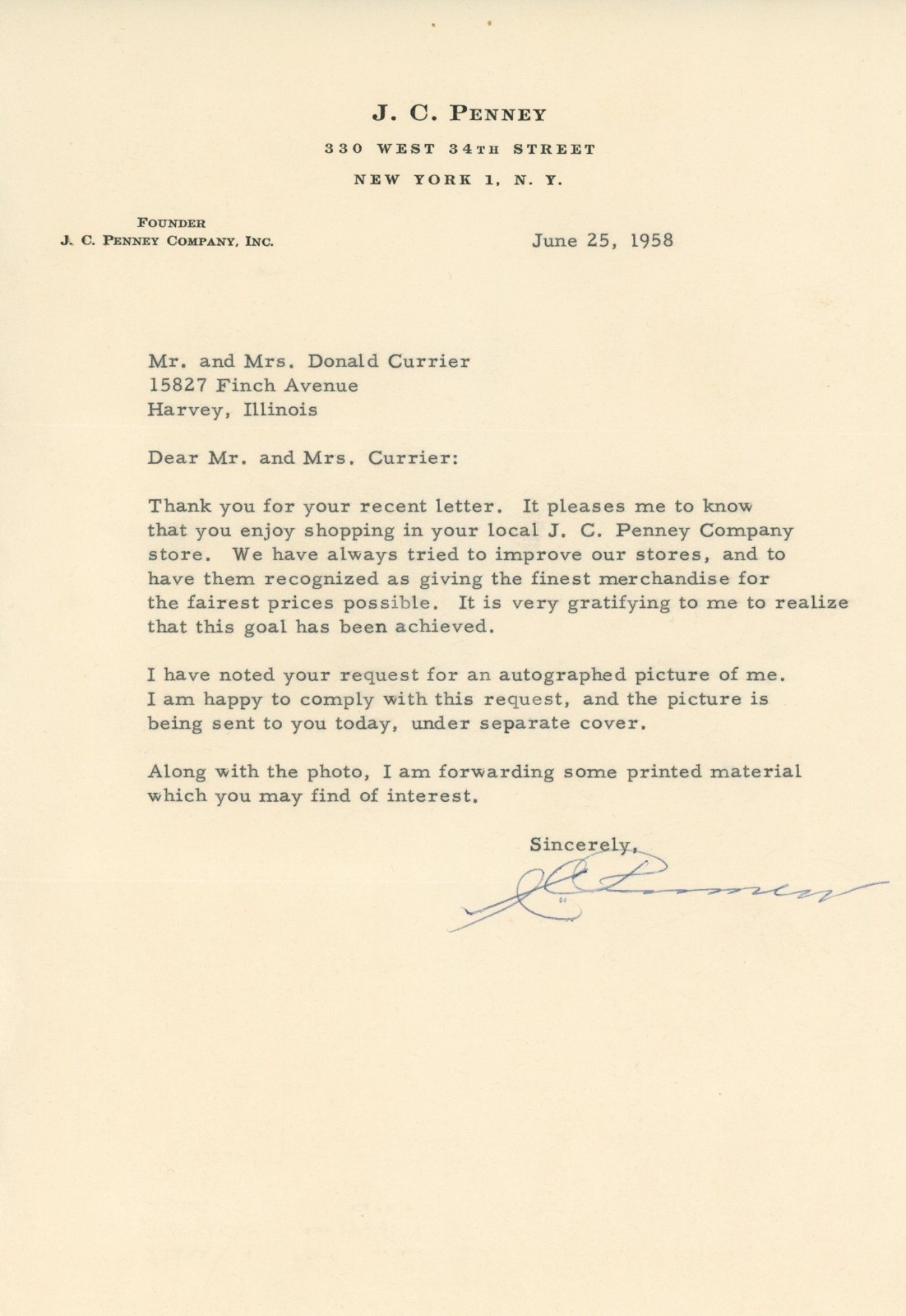 JC Penney Signed Auto 7x9 June 1958 Letter Vintage Founder Grad LOA