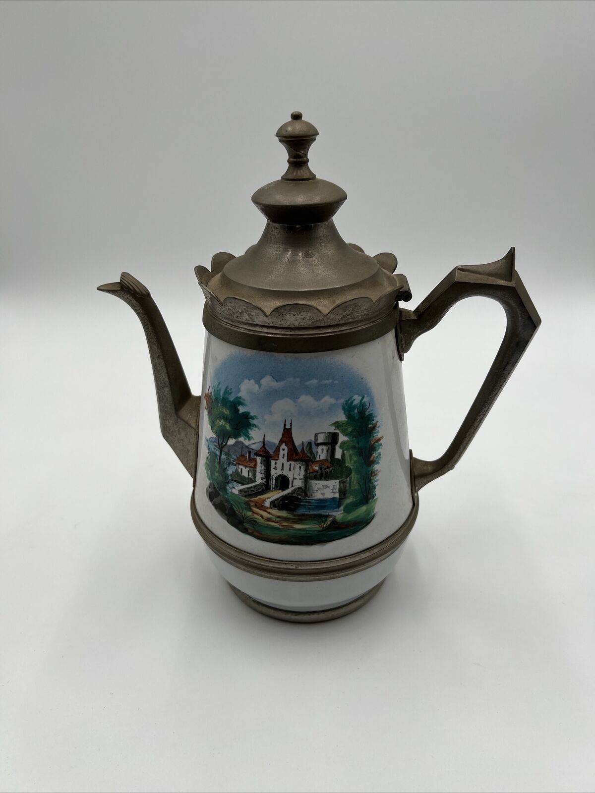 Antique, Manning and Bowman, Enamelware-Pewter Teapot Castles 11