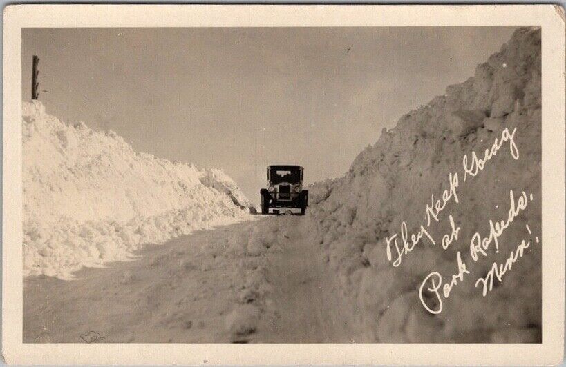 c1930s PARK RAPIDS, Minnesota RPPC Real Photo Postcard Automobile / Winter Scene