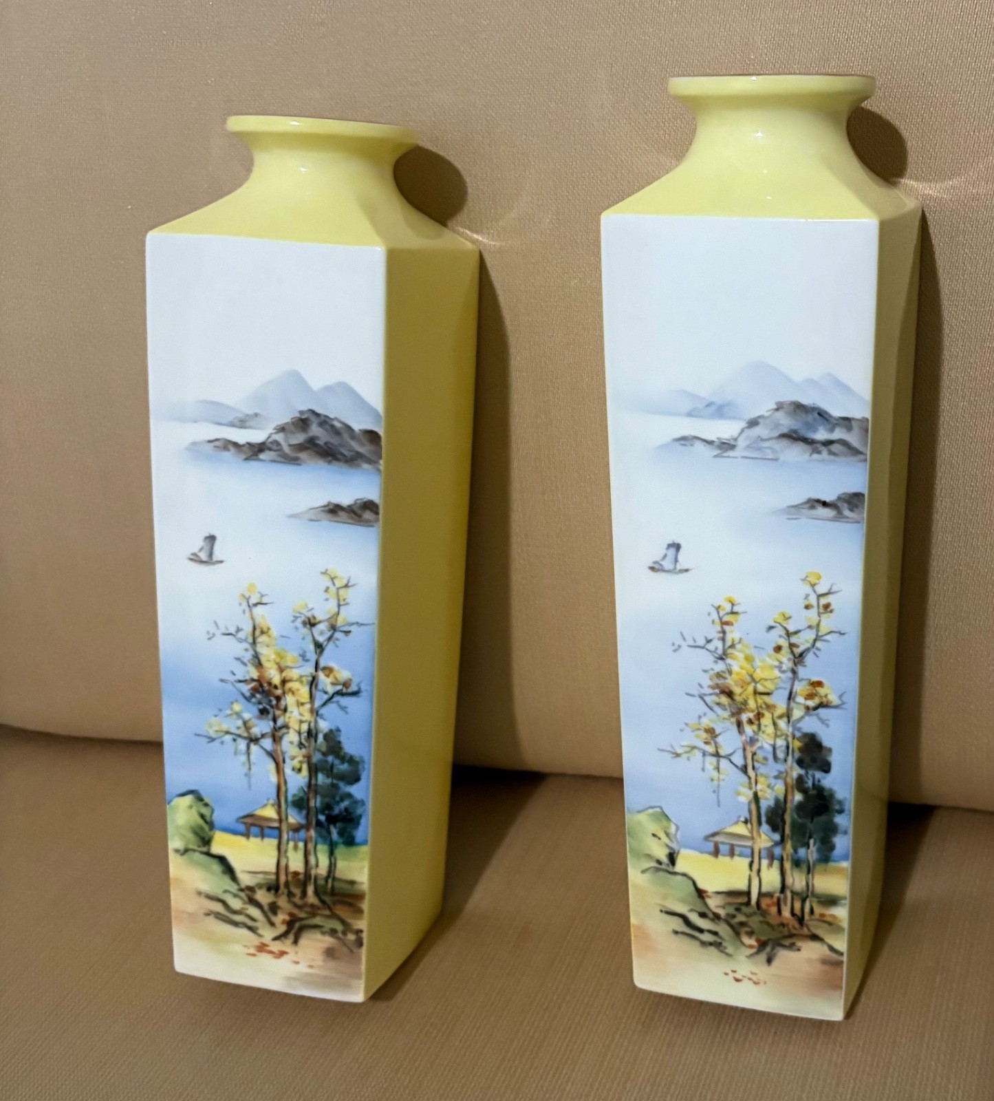 Pair Noritake Nippon Vases Hand-Painted Mountain Tree Scene 9