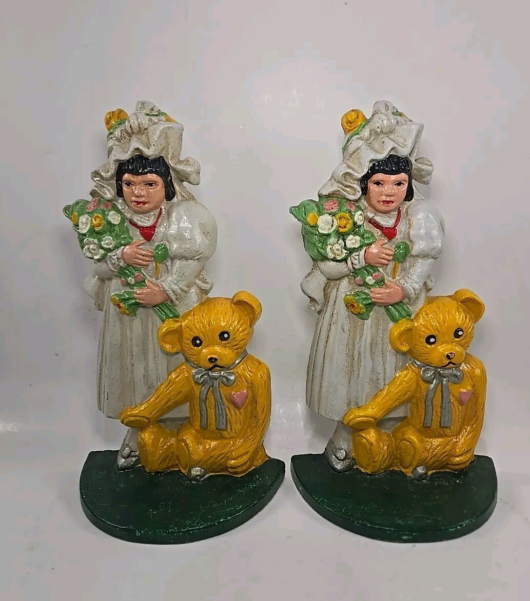 Vintage Cast Iron Doorstop pair Victorian Girl With Teddy Bear Bouquet Flowers