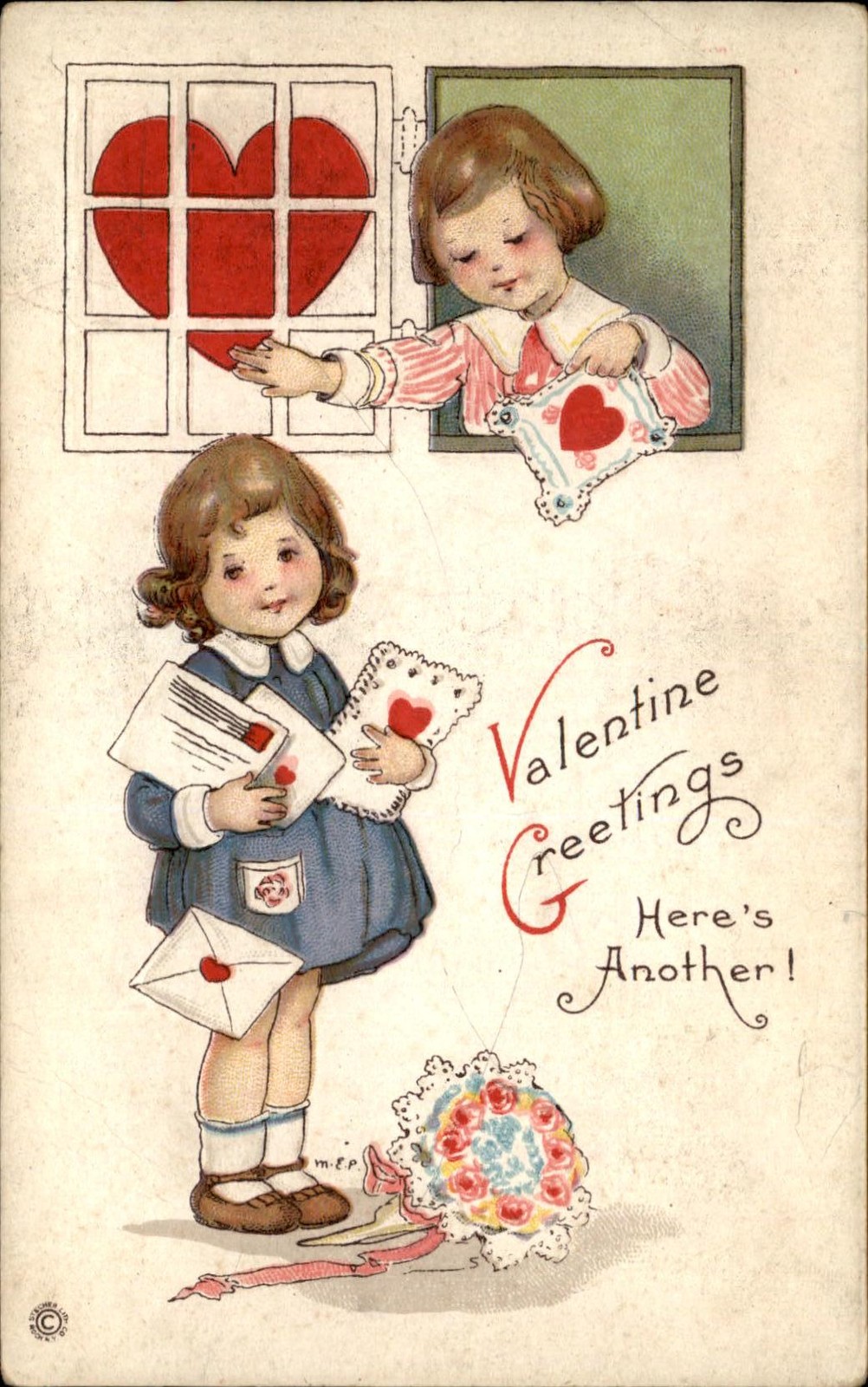 Valentine's Day Children with Valentine Cards m.e.p. c1900s-10s Vintage Postcard Valentine's Day Children with Valentine Cards m.e.p. c1900s-10s Vintage Postcard