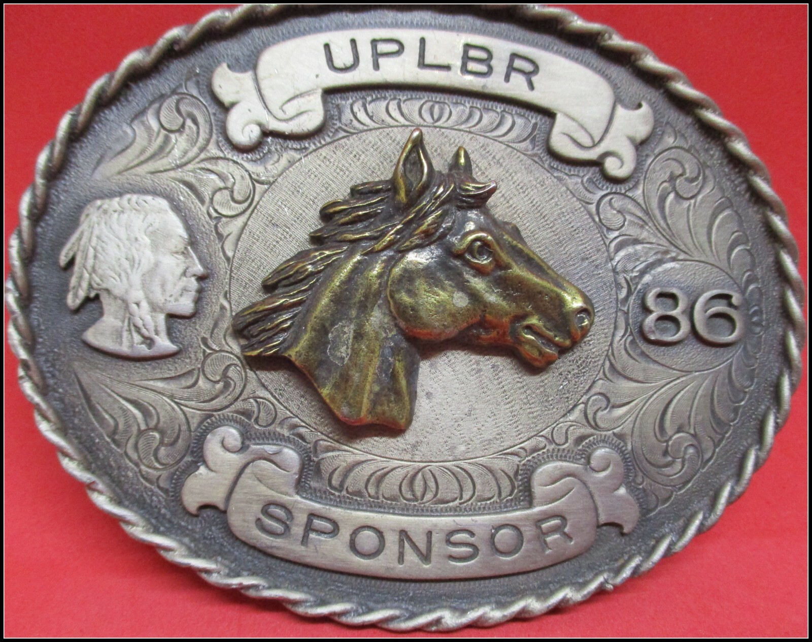 Big Heavy 1986  TROPHY UPLBR Horsehead & Indian Western Sponser Belt Buckle