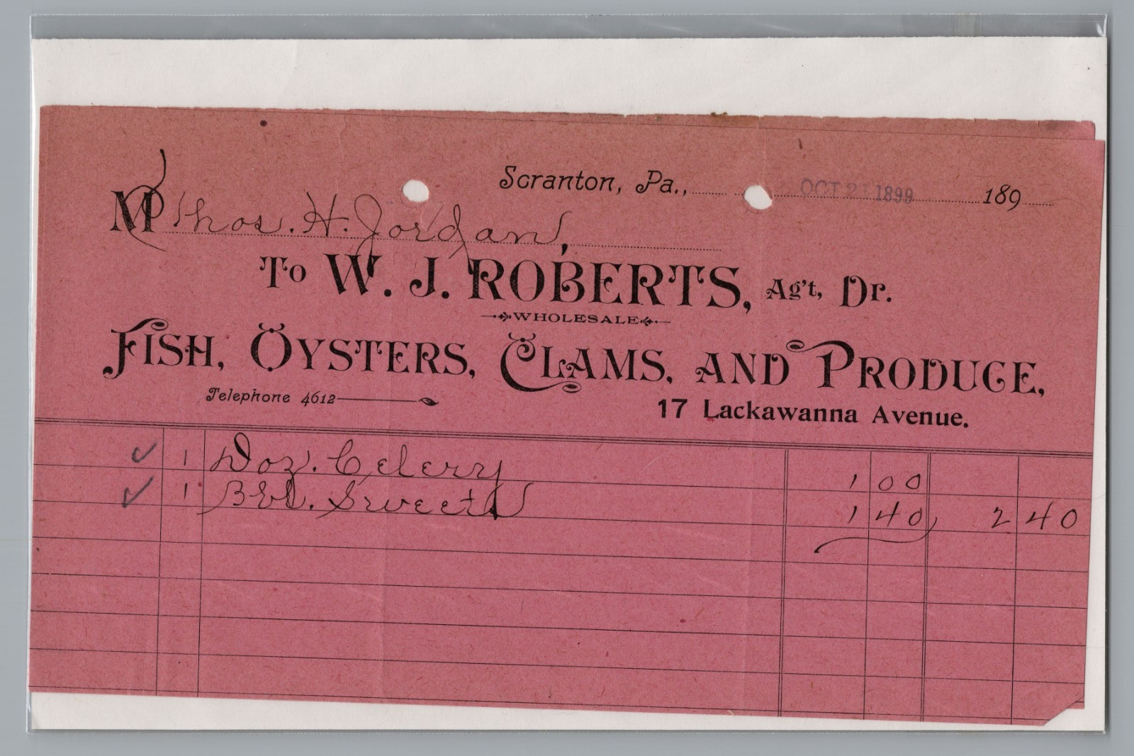 1892 Pink Billhead W J Roberts Scranton PA Wholesale Fish Oyster Clam Ephemera