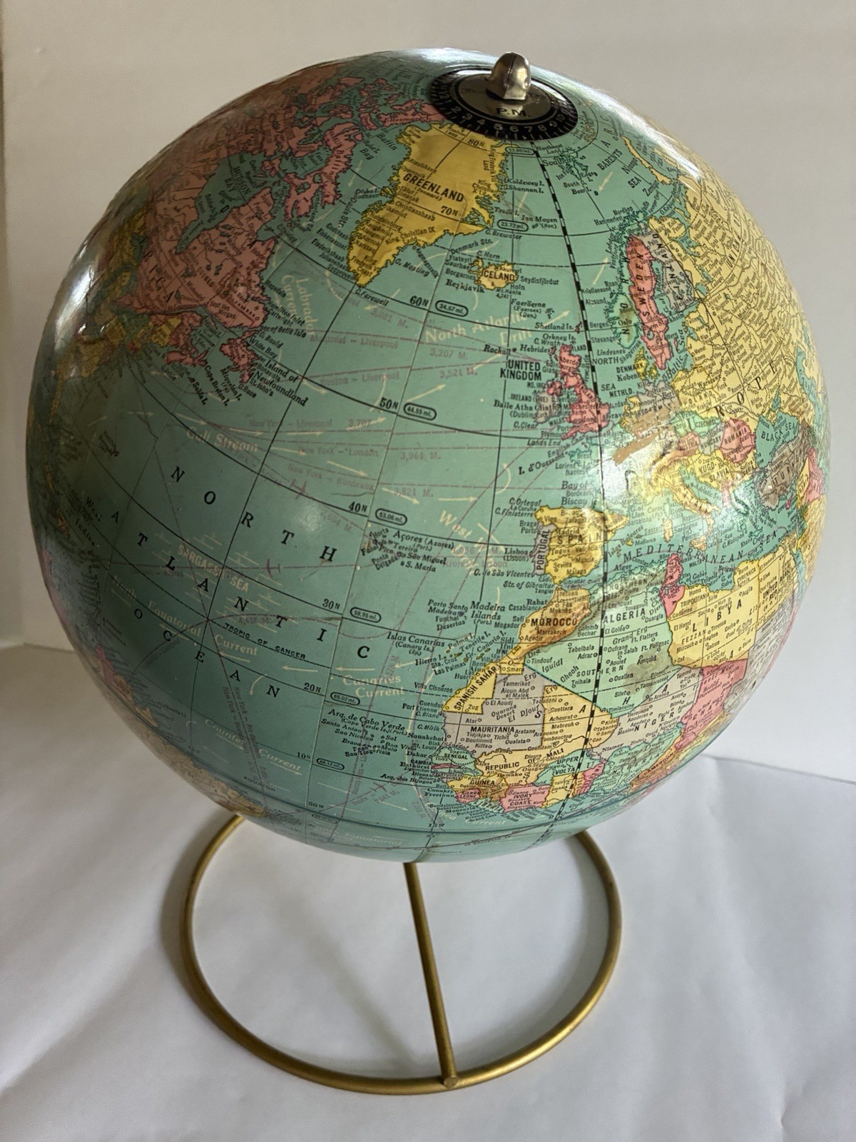 VTG 1960s Crams IMPERIAL 12” World GLOBE - Brass WIRE Stand MCM Desk DECOR - USA