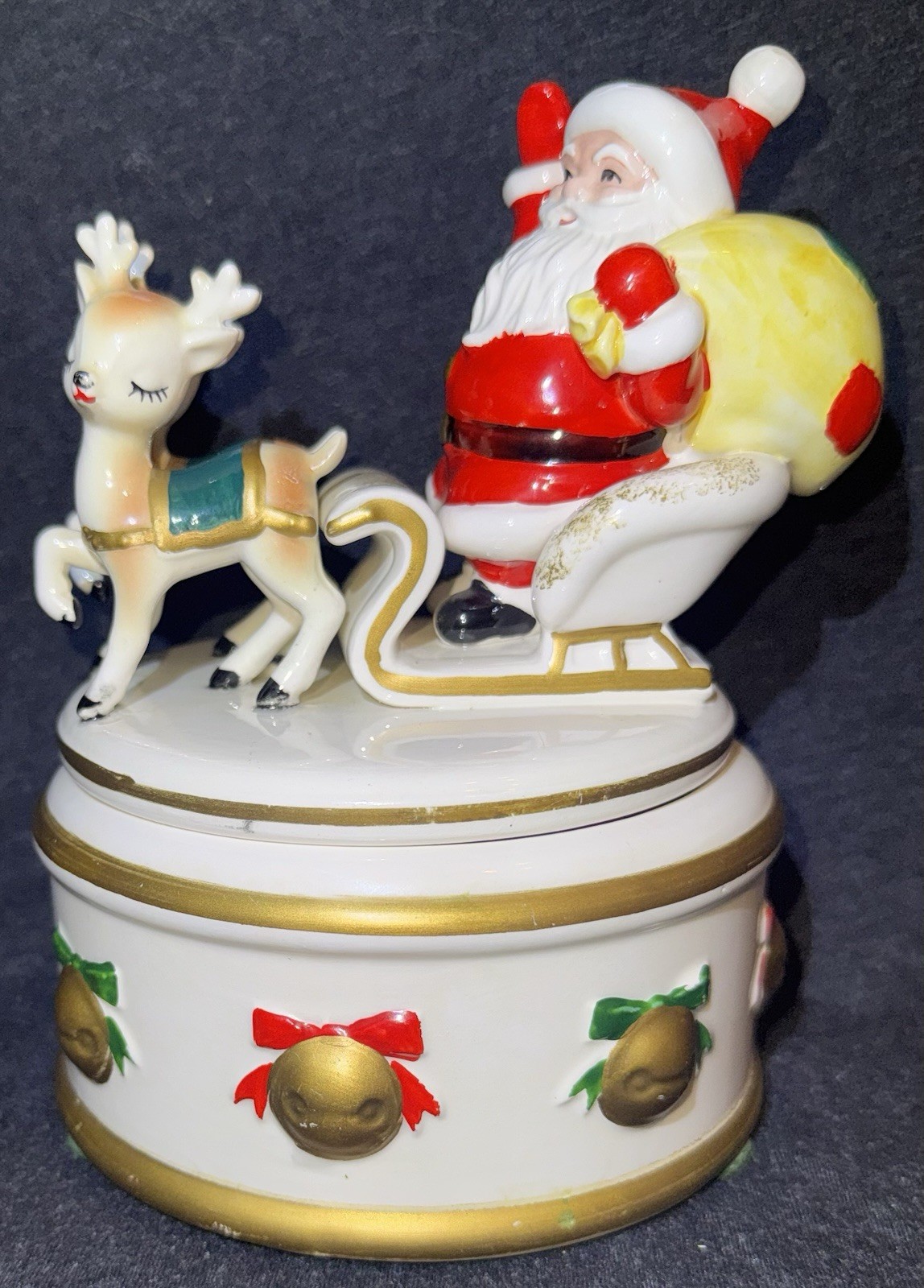 VTG Lefton Christmas Santa Sleigh Reindeer Lidded Candy Dish Trinket Box Japan