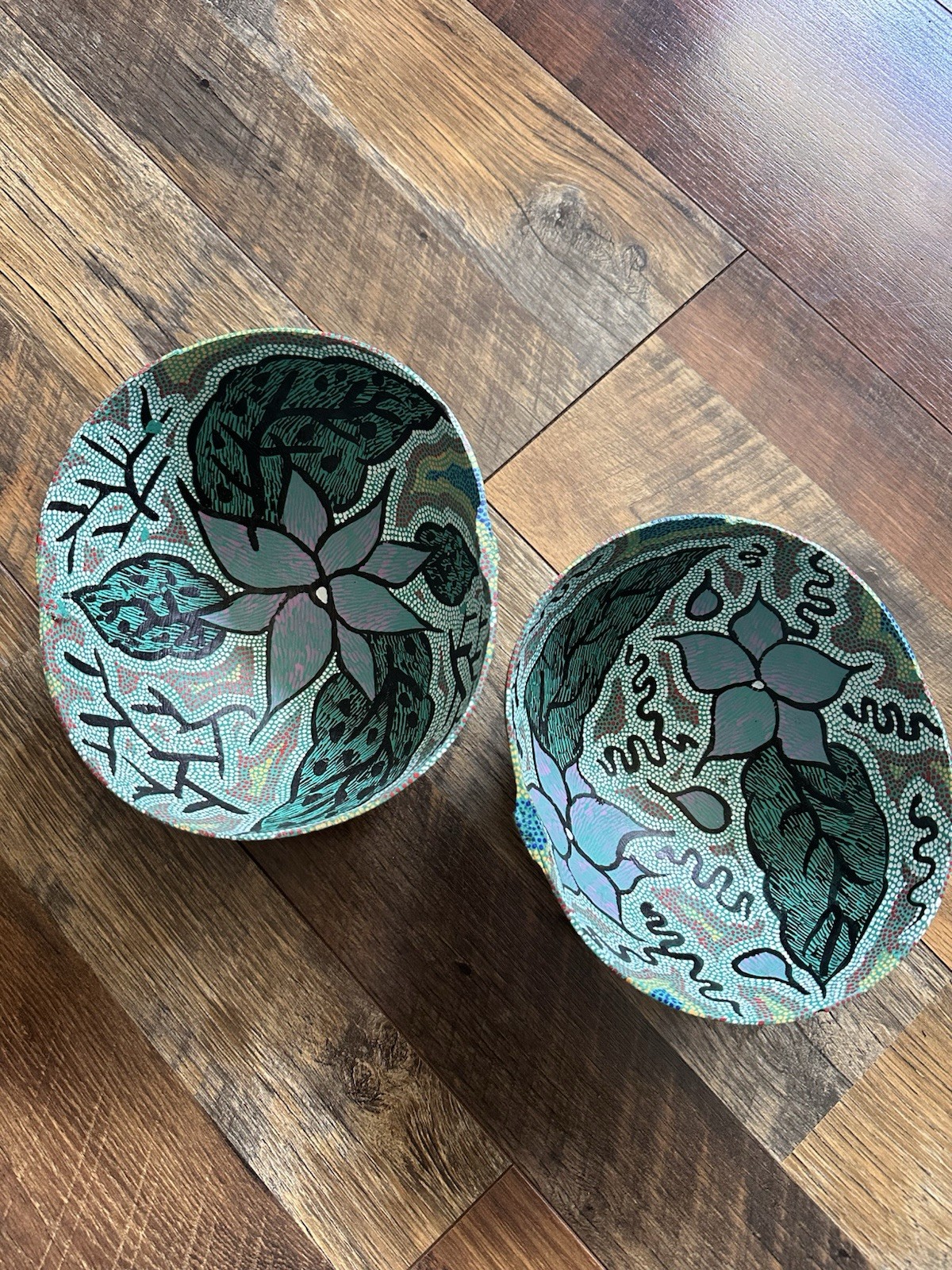 Pepe Santiago Painted Gourd Bowls. Signed. Blue Teal Green. Set Of Two.
