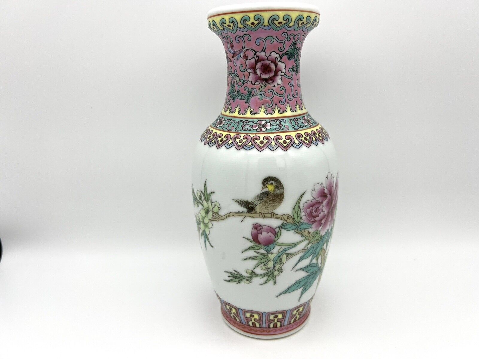 VNT Chinese Famille Rose Porcelain Vase Bird Calligraphy Zhongguo Jingdezhen Zhi