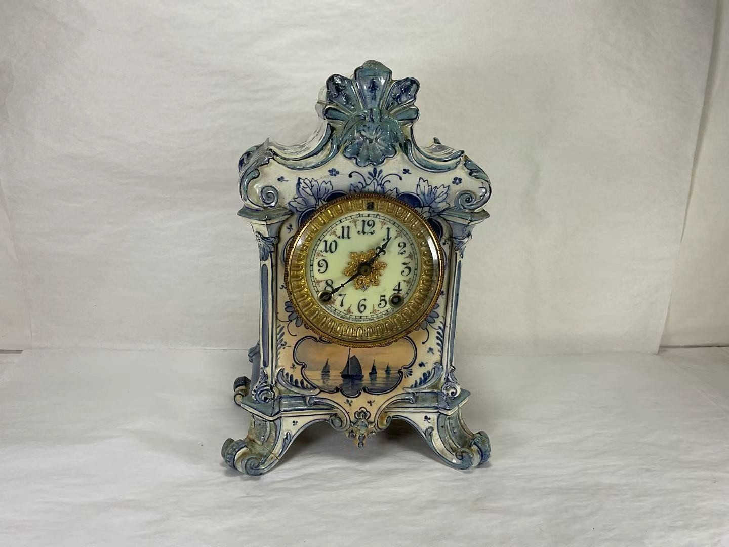 Ansonia Clock Co New York Delft Style Ceramic Mantel Clock 11 in Blue White