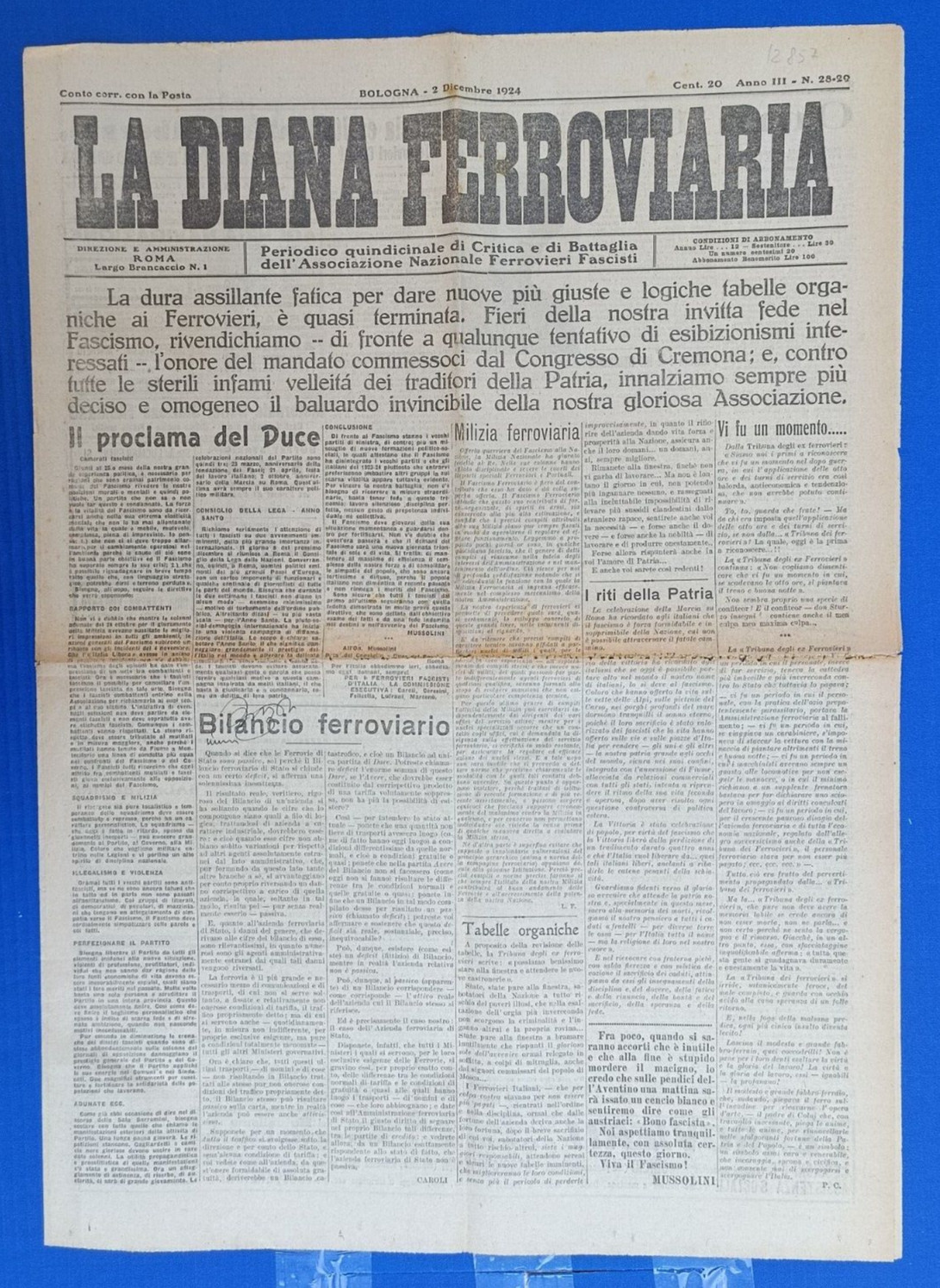 THE PROCLAMATION OF THE DUCE from LA DIANA FERROVIARIA of 2 DECEMBER 1924 R@RO-12857