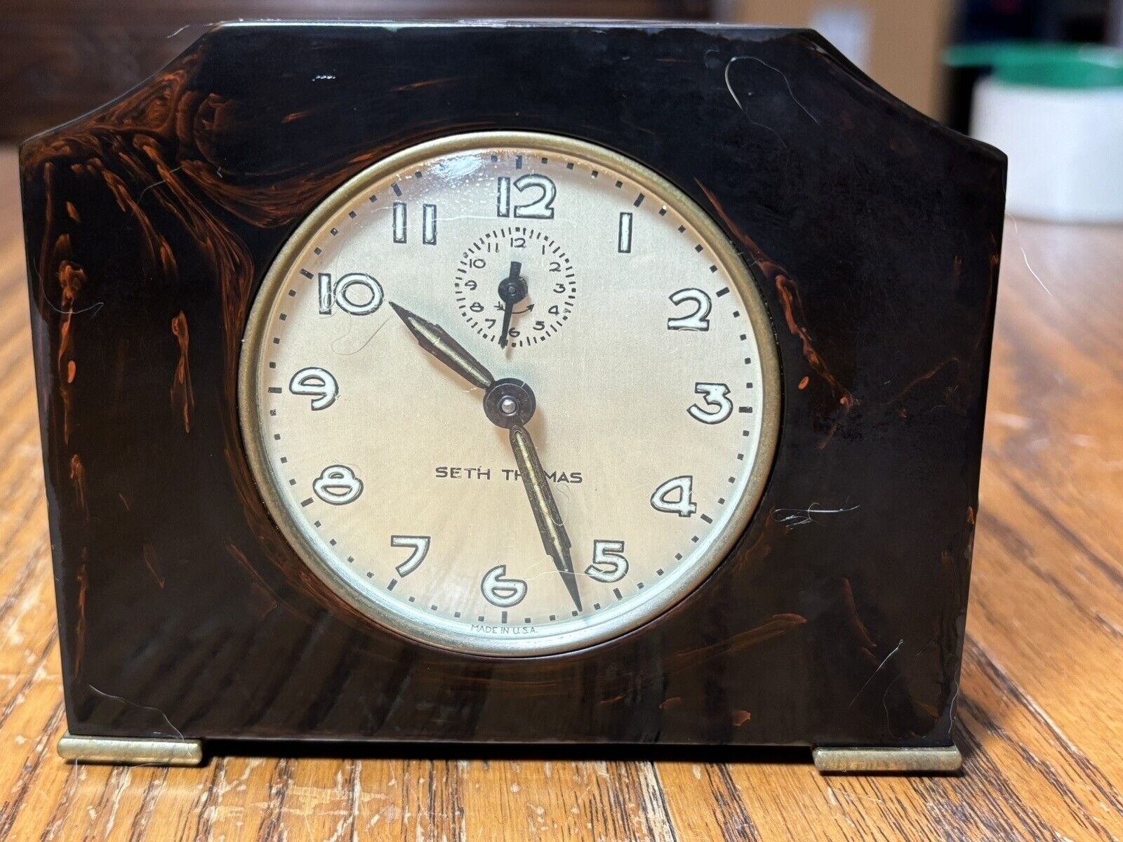 SETH THOMAS Art Deco Bakelite Catalin Butterscotch Swirl Alarm Clock Nice Works