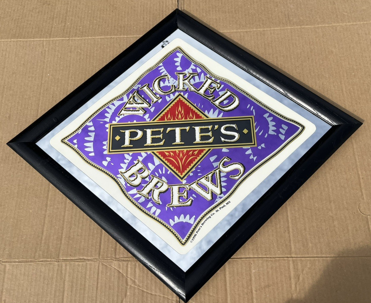 Vintage 1996 Pete\'s Wicked Brews Purple Diamond-Shape Mirror Beer Brewiana Sign