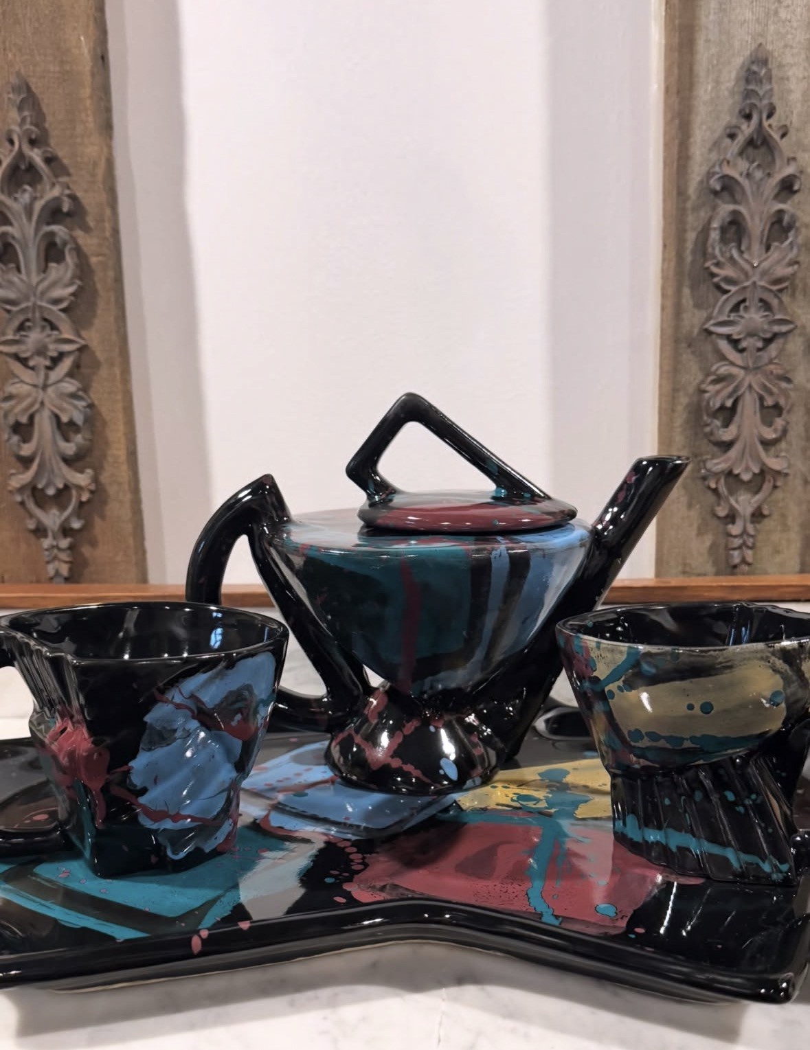 Modernist Charles Nalle designer tea set teapot mugs serving tray signed EUC Modernist Charles Nalle designer tea set teapot mugs serving tray signed EUC