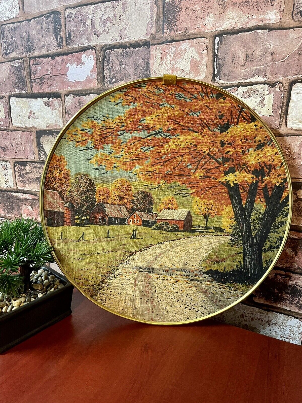Vintage Fall Farm Countryside Landscape Round Brass Frame Print on Fabric