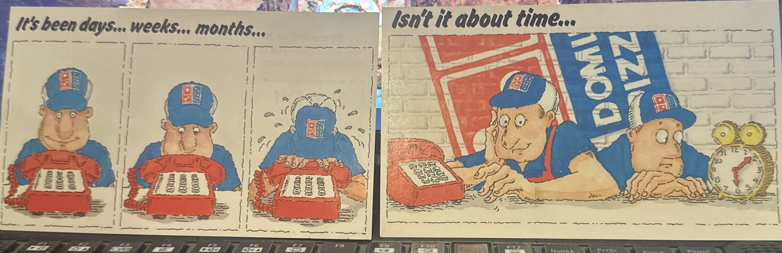 Vintage 1990 and 1991 Domino\'s Pizza postcard style ad humor