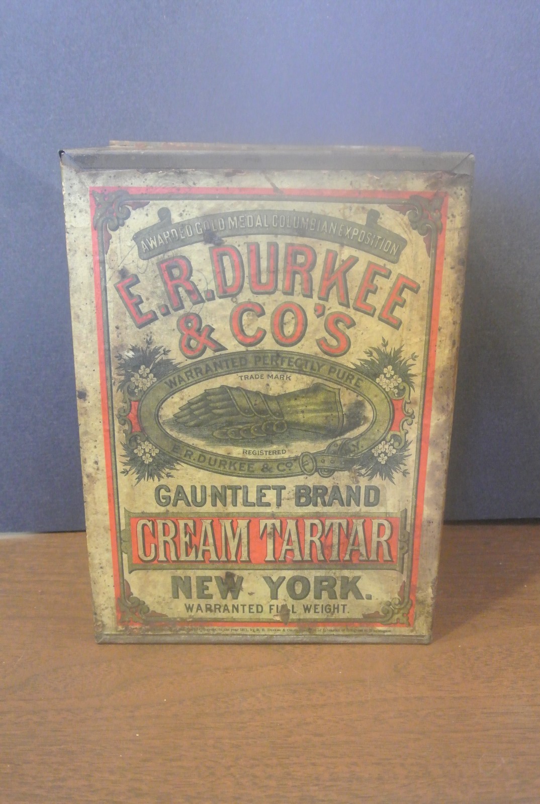 RARE LARGE Vintage 1800s E. R. Durkee & Co's Gauntlet Brand Crean Tartar Tin NY