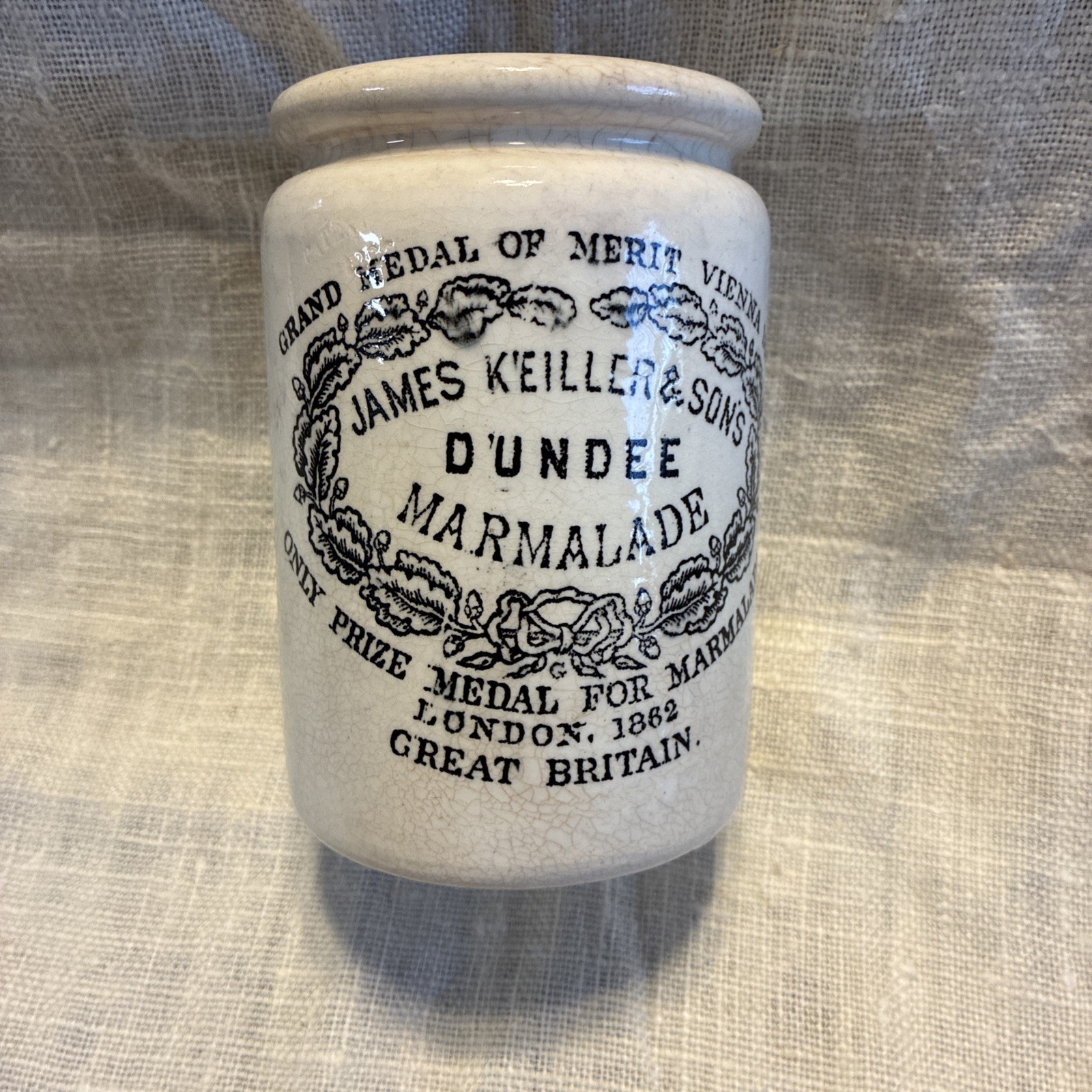 Vtg JAMES KEILLER & SONS Dundee Marmalade Antique Crock London 1862 Maling NoLid