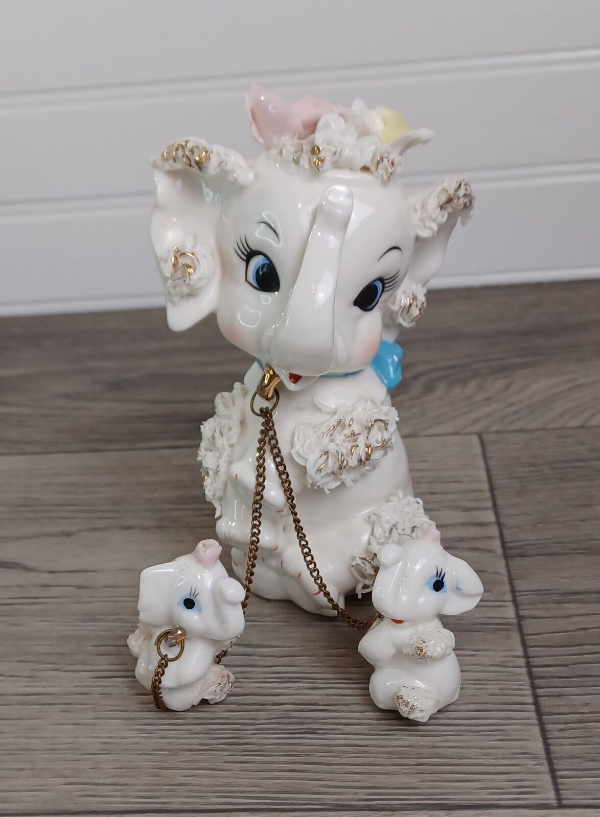 Vintage TILSO, Japan Porcelain Spaghetti Elephant Mother with 2 Babies on Chain